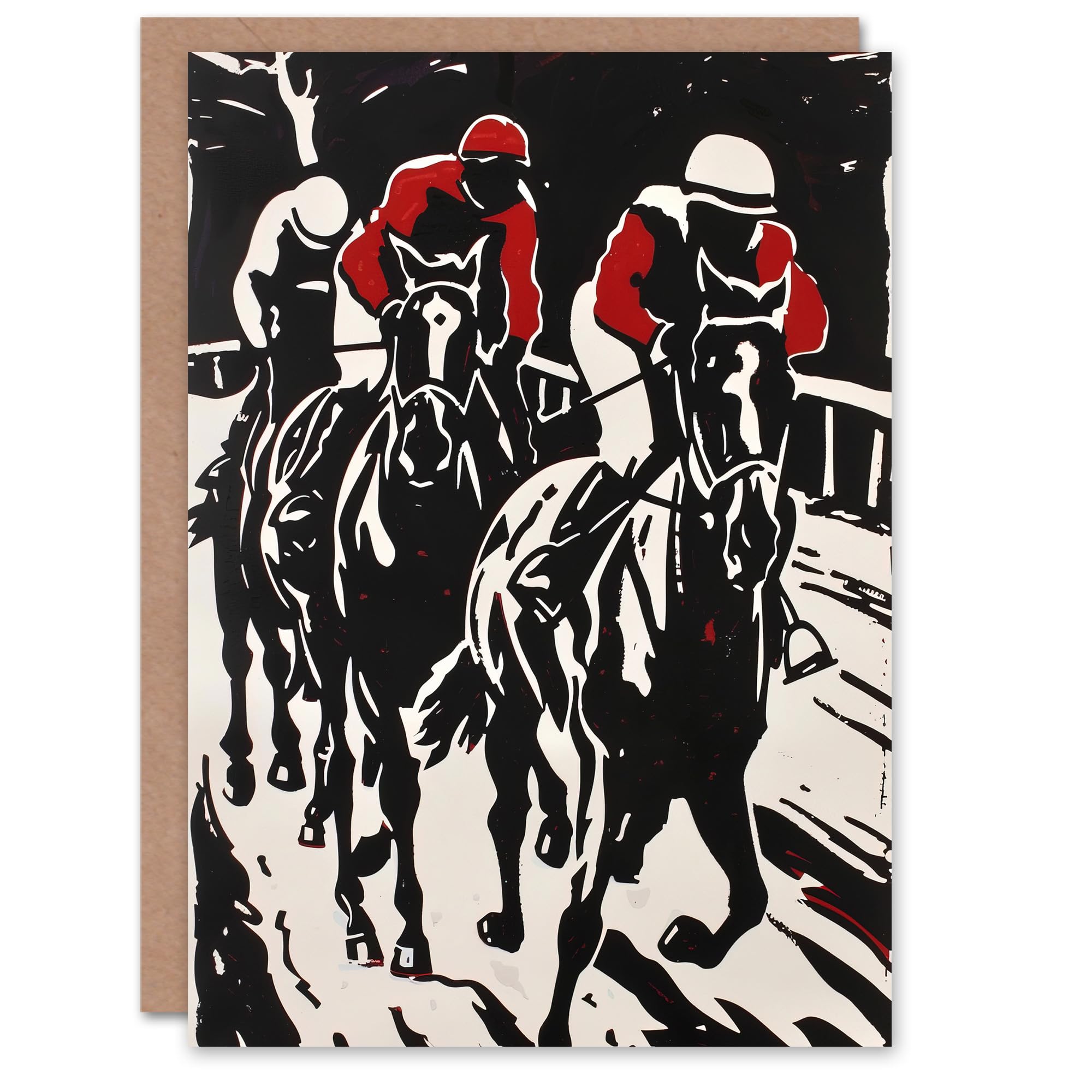 Artery8 Jockeys in Horse Racing Scene Black Red Modernist Greeting Birthday Card Him Her All Blank