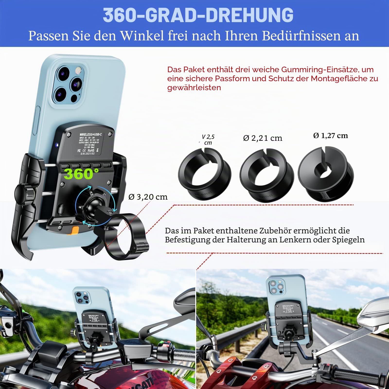 BRCOVAN Motorrad Handyhalterung mit Qi 15W kabellosem Ladegerät und USB-C 20W Ladeanschluss, 360 Drehung Outdoor Lenker Handy Halterung für 4-8 Zoll Smartphones
