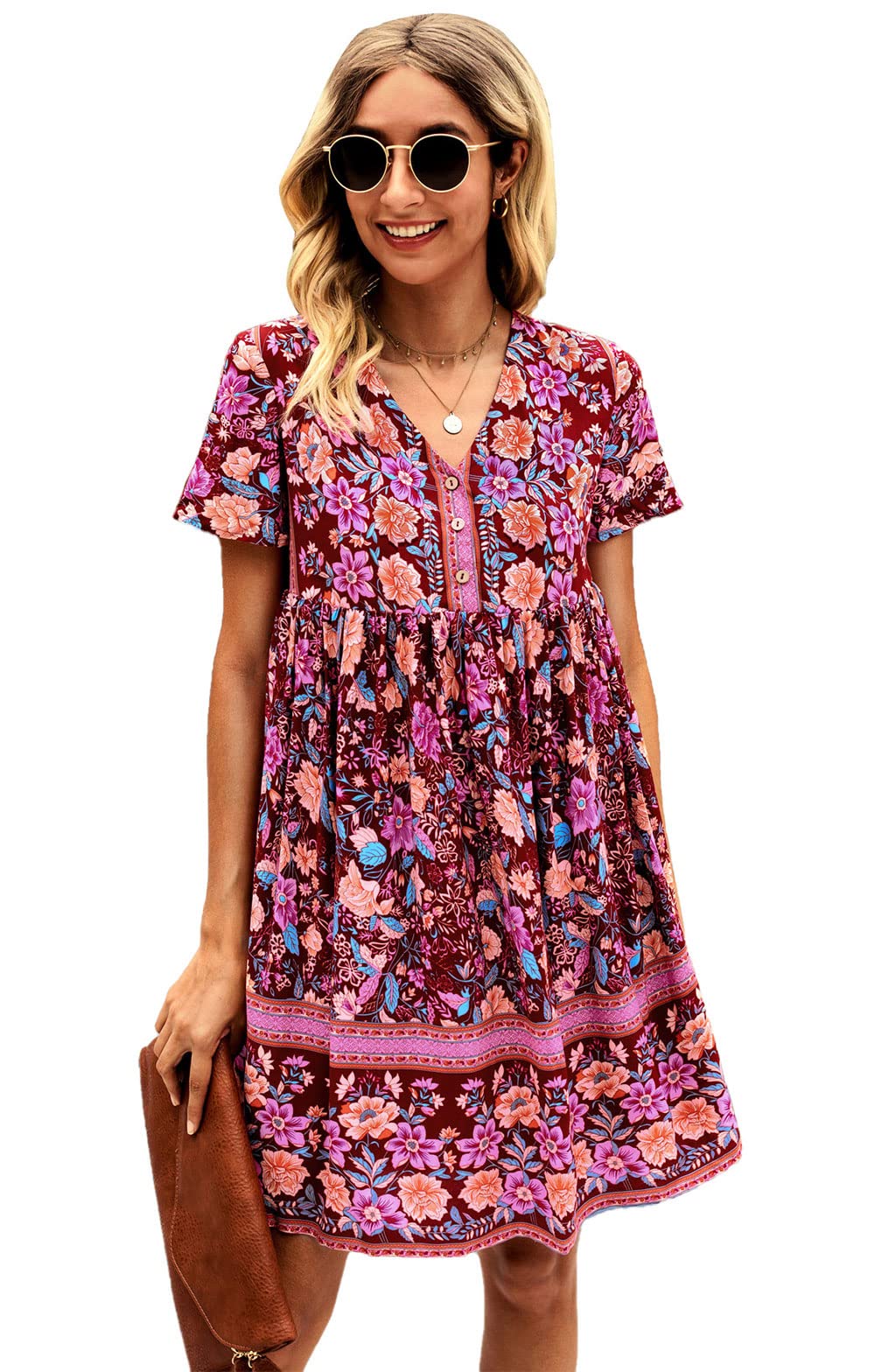 AdoraDoubleWomen’s Summer Floral Mini Dress V Neck Short Sleeve Casual Dress Folk-Custom Flowy Loose Fit Cute Dress Bohemia Dress Wine Red L