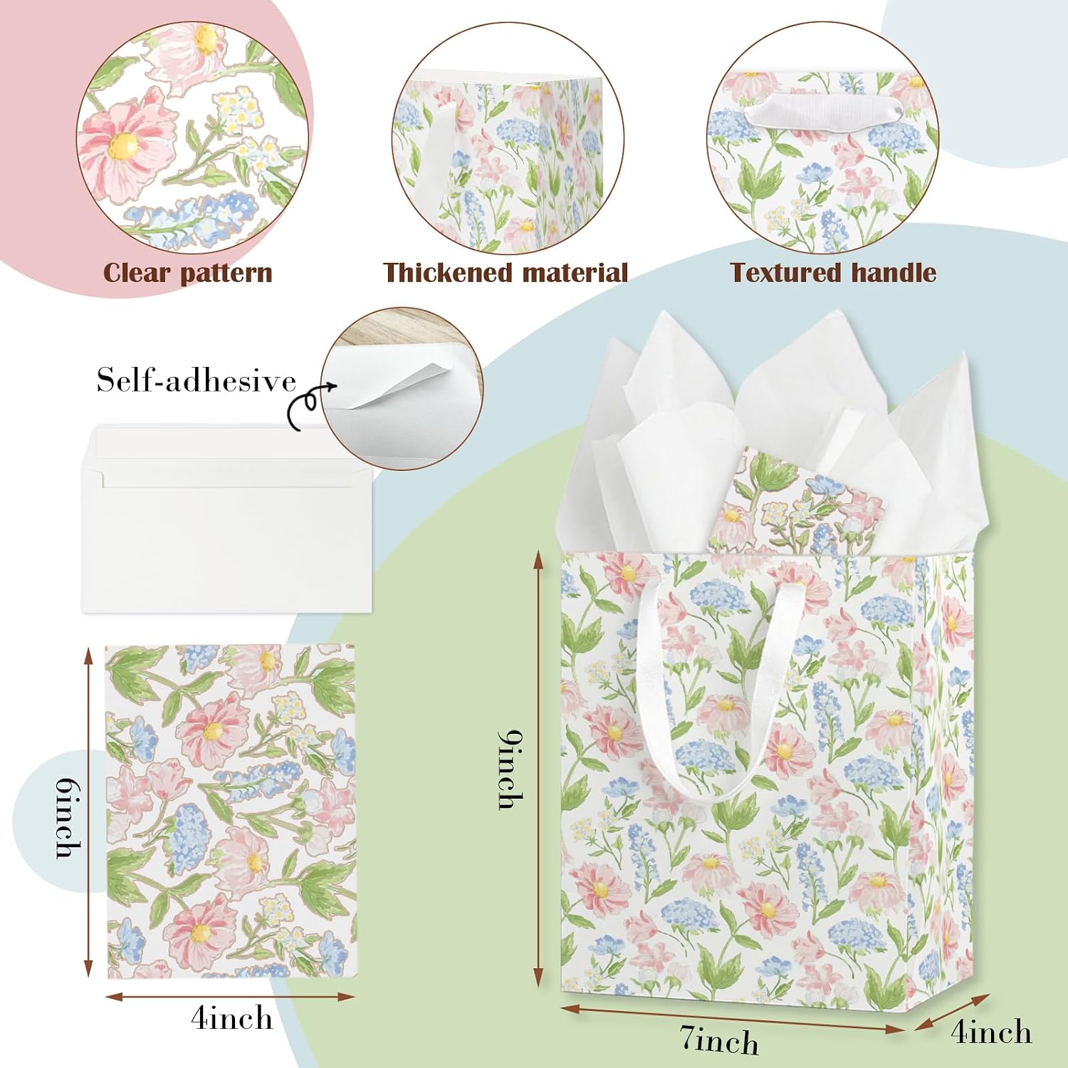 Floral Gift Bags Set of 6 - Medium Sized 9" Bags with Handles Matching Tissue Paper, Cards & Envelope in Flower Pattern for Girl- Reusable & For Presents of Any Birthday, Weddings, Bridal Shower image 3