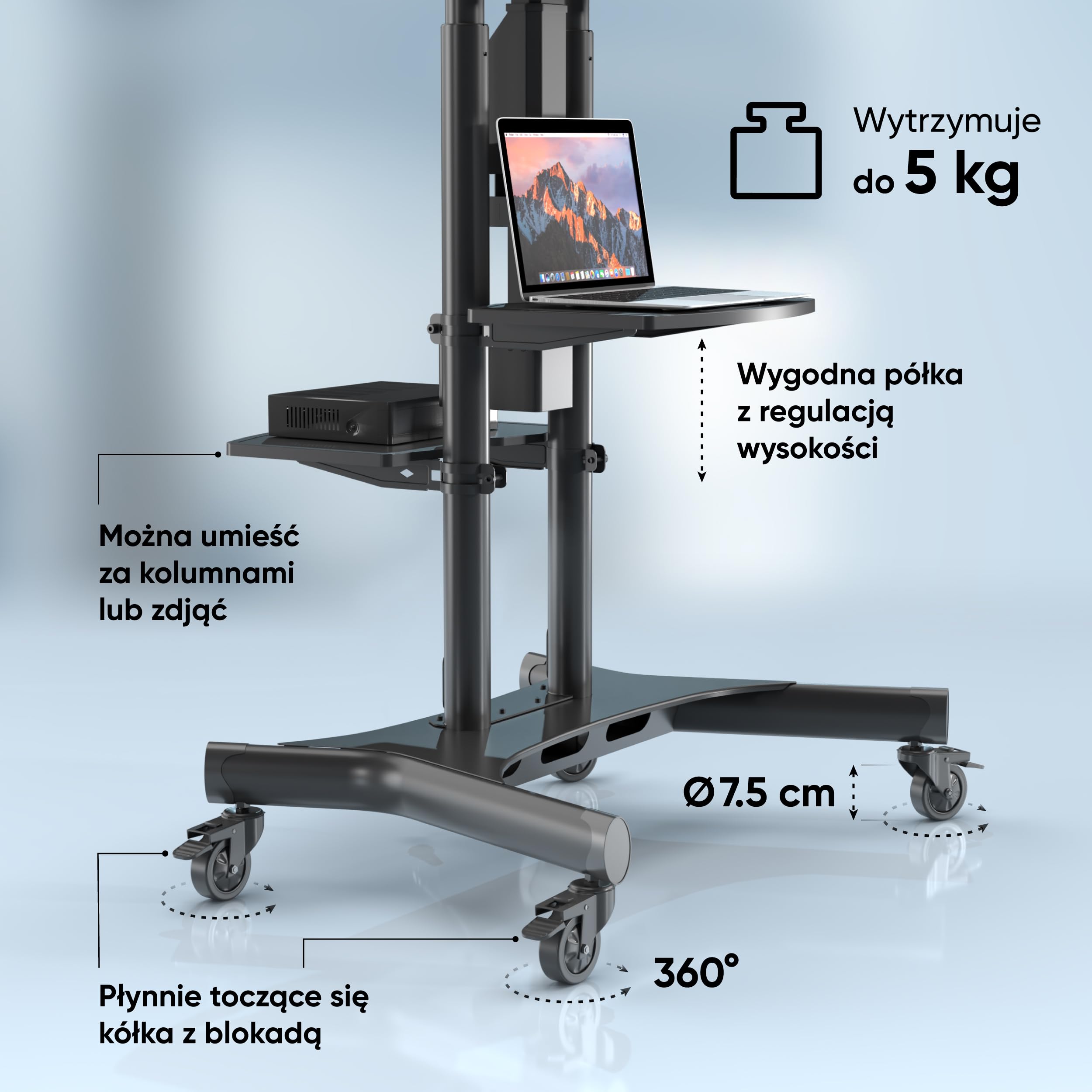 ONKRON Mobilny Stojak TV na Kółkach do Ekranów 50-86 cali, maks. Obciążenie 105,9 kg, Elektryczny Wózek z Pilotem, VESA 200x200-800x500, Regulacją Wysokości, Czarny TS1881E-B