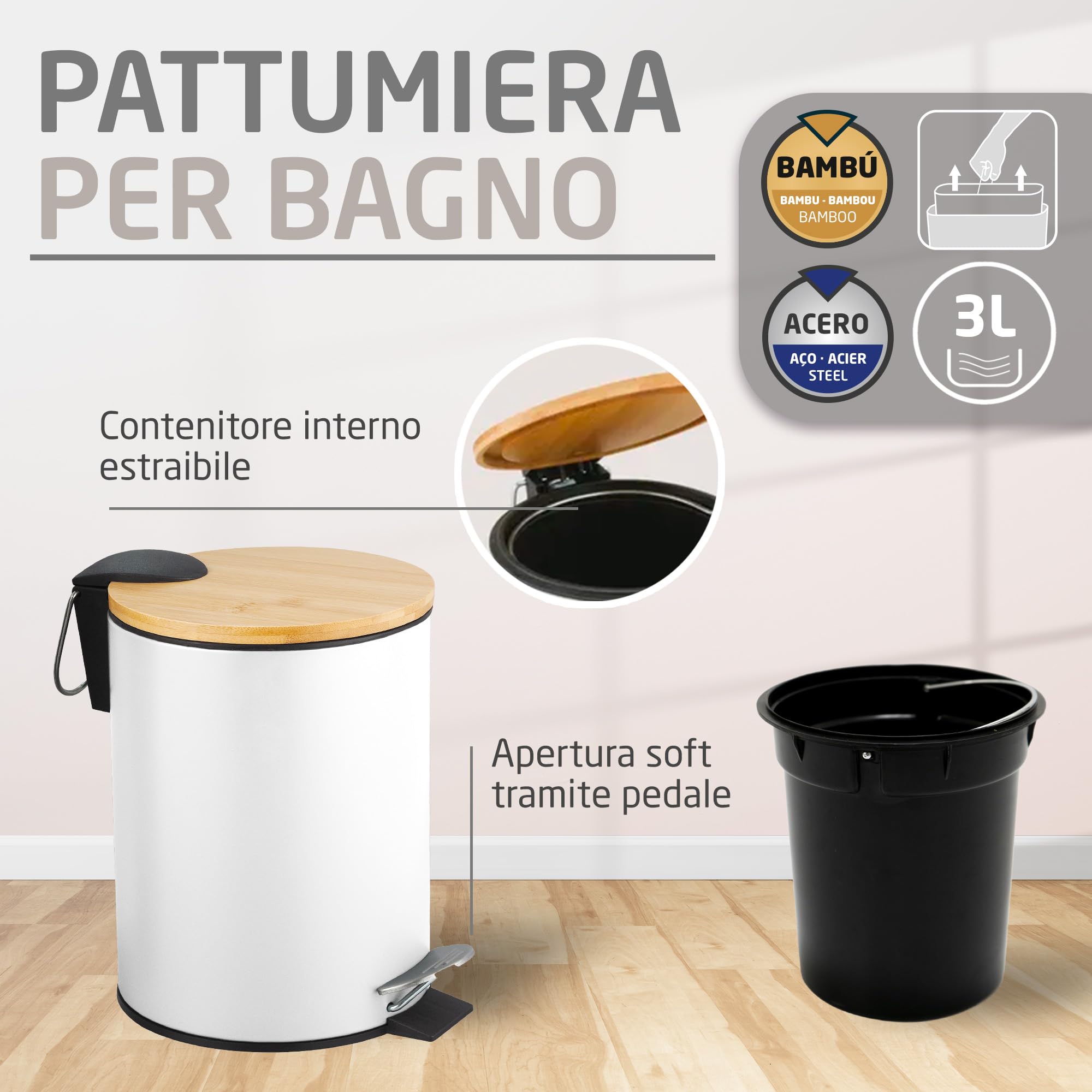 Amig Naturline Set Pattumiera e Portascopino Ø168x230 mm Acciaio Bambù Bianco