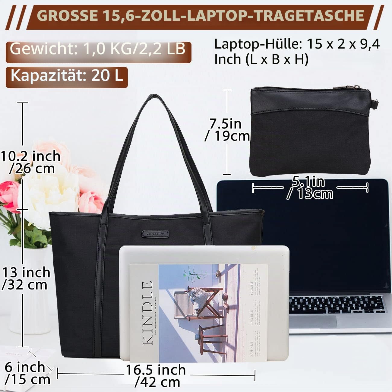 VX VONXURY Handtasche Damen Mittelgroß Laptoptasche 15,6 Zoll Arbeitstasche Shopper Lehrertasche Schultertaschen für Business Schule Universität Reisen