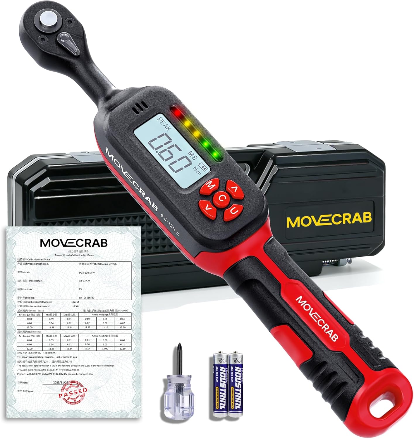 1/4" Digital Torque Wrench, 0.4-9 Ft.lb/0.6-12 N.m, ±2% Accuracy, LED Display, USB Data Storage, 4 Units, Two modes, Triple Alert, Precision Torque Tool, Red