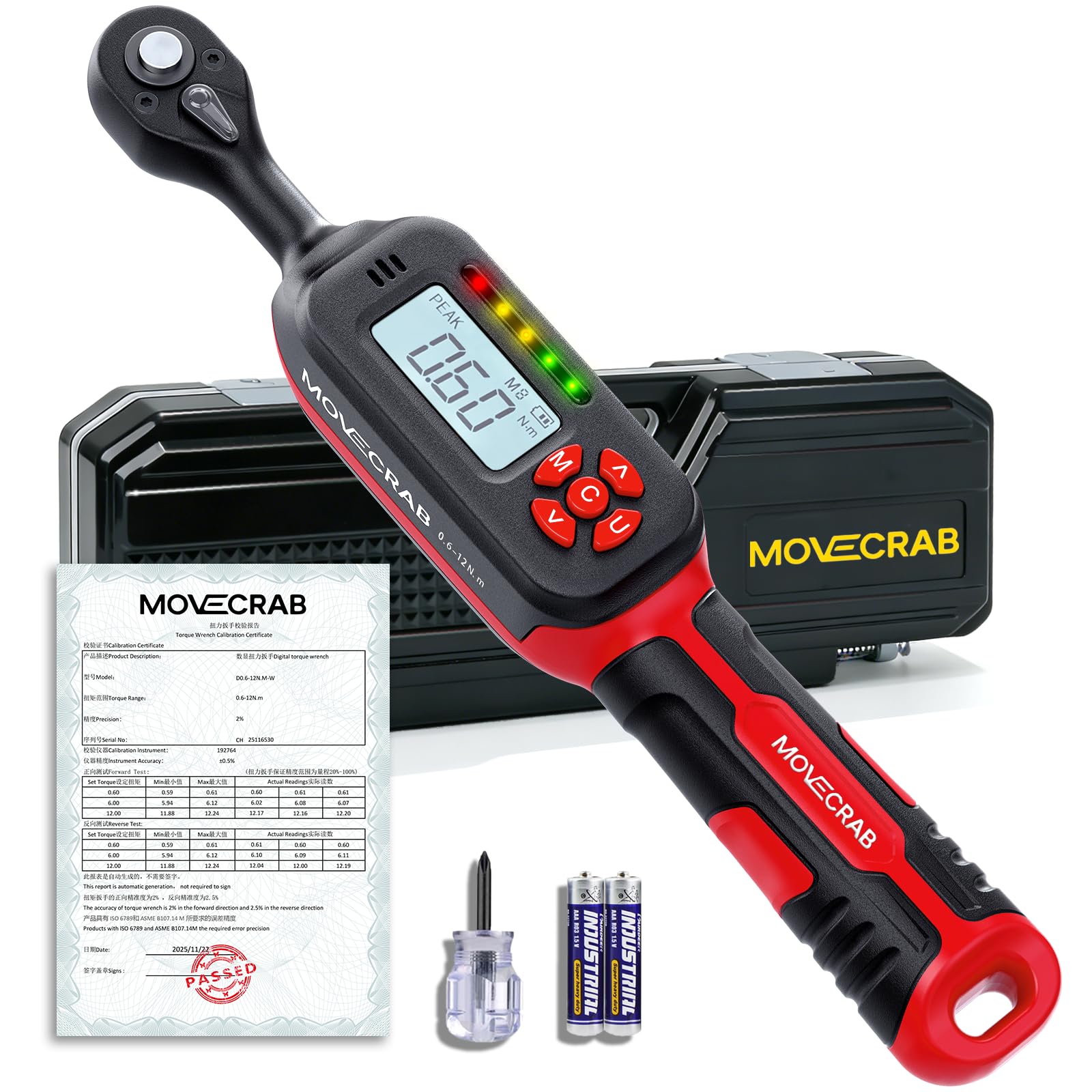 Llave dinamométrica digital de 1,5-340 Nm con pantalla LED | Par de torsión de precisión | Almacenamiento de datos USB y recordatorio triple (rojo, 0,6-12 N.m)