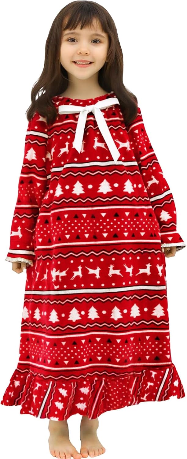 Girls Flannel Nightgown,Winter Warm Fleece Pajamas Dresses for Girls, Long Sleepwear with Long Sleeve, Size 2T-14