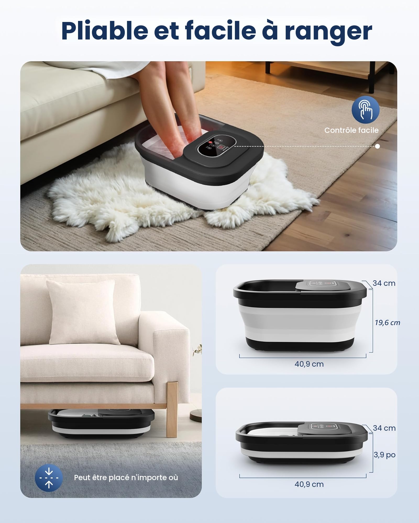 COMFIER Bain de pieds chauffant de massage|Masseur de pieds pliable|Fonction de vibration et de bulles|Pierre ponce pour pieds|35℃-48℃|Avec 8 rouleaux Shiatsu (Noir)