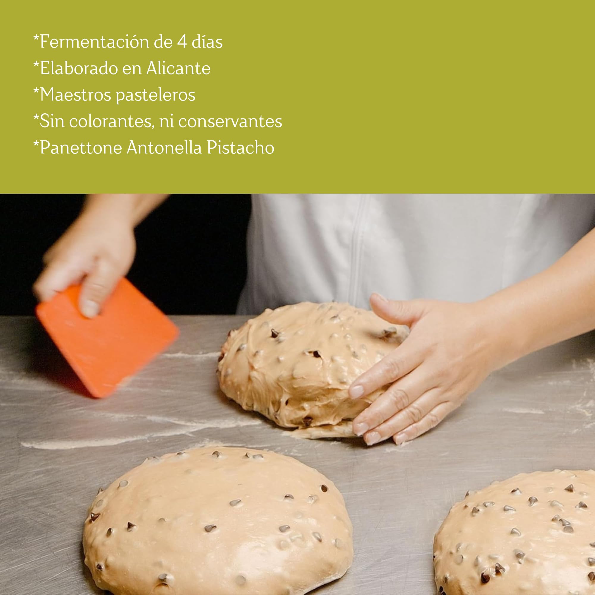 Panettone Antonella Pistacho 1100 gramos | Panetone Artesano de Masa Madre relleno de Crema de Pistachos y Turrón de Jijona | Sin Conservantes Ni Colorantes | Dulce Navideño | Receta Tradicional