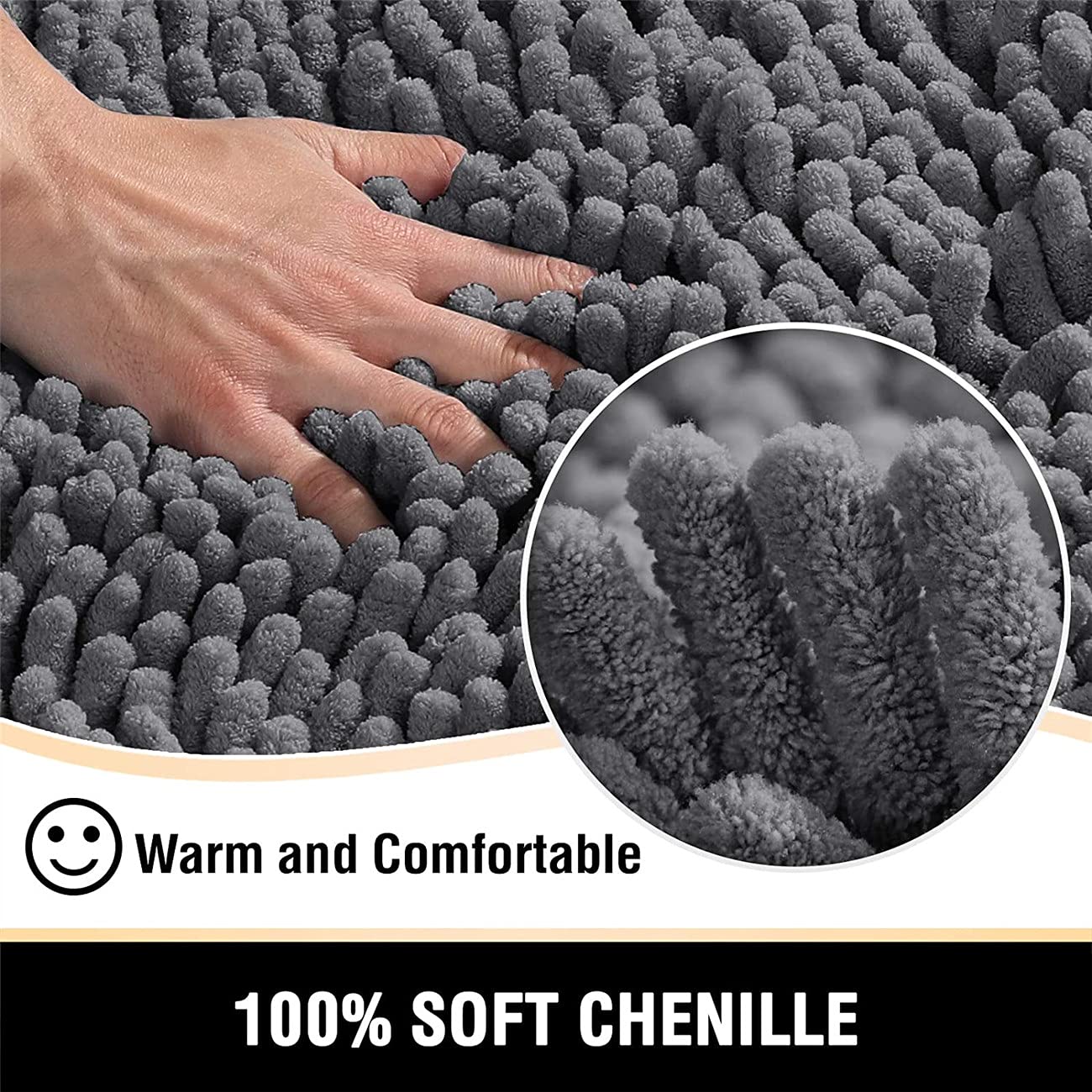 Tapis de salle de bain antidérapant chenille doux et absent à poils longs lavable pour baignoire et douche, gris, 150 x 50,8 cm