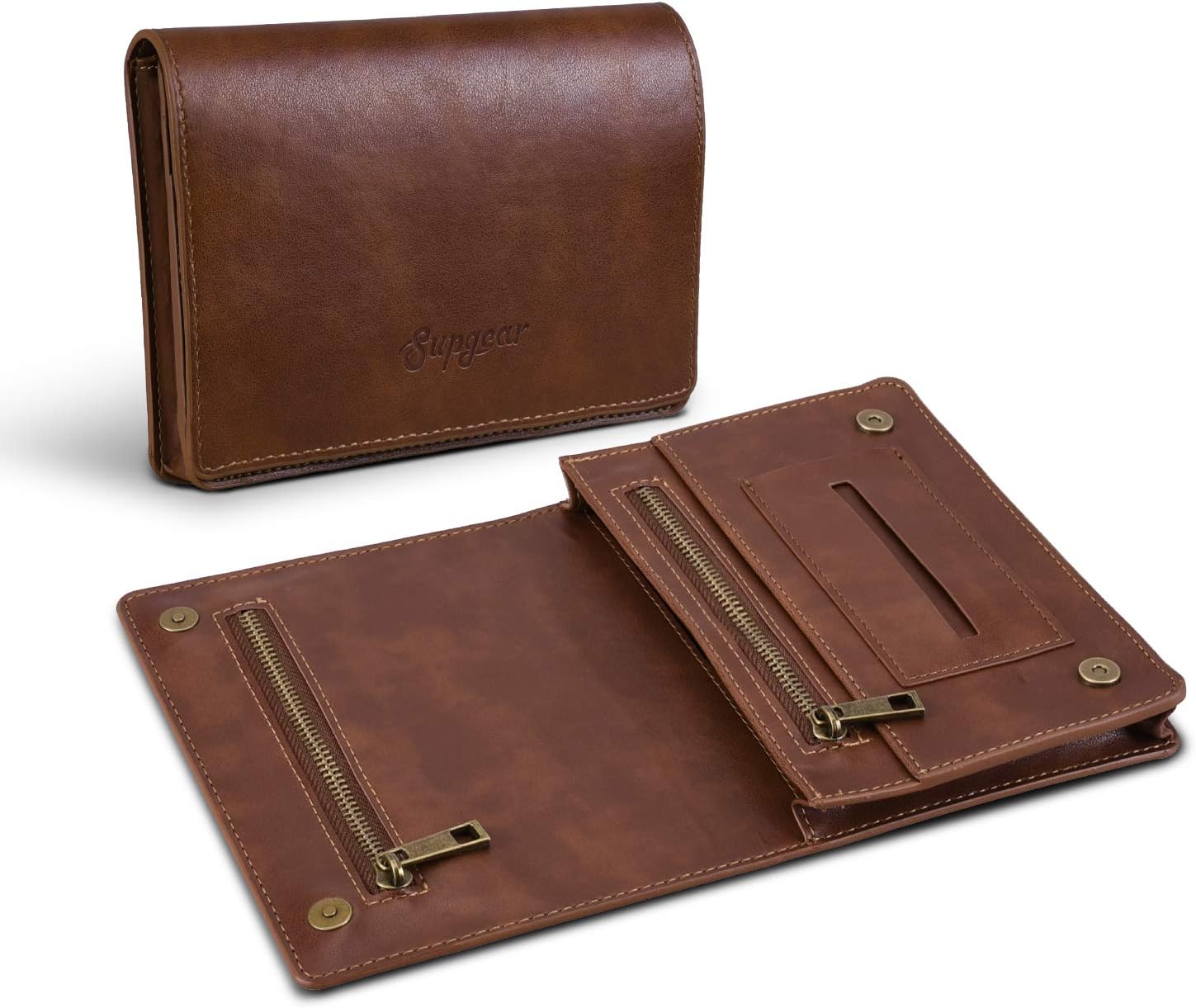 Tobacco Pouch, Leather Tobacco Bag with Magnetic Closure, Filter Pocket and Paper Holder Rolling Pocket for Rolling Tobacco, Tobacco case for Men and Women(Brown)