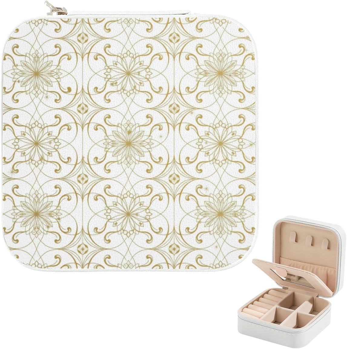 Beige Gold Floral Mini Jewelry Travel Case For Girls Women Bridesmaid Gift, Jewelry Storage Box With Mirror, Mini Travel Essentials Essentials Gift For Rings Necklaces
