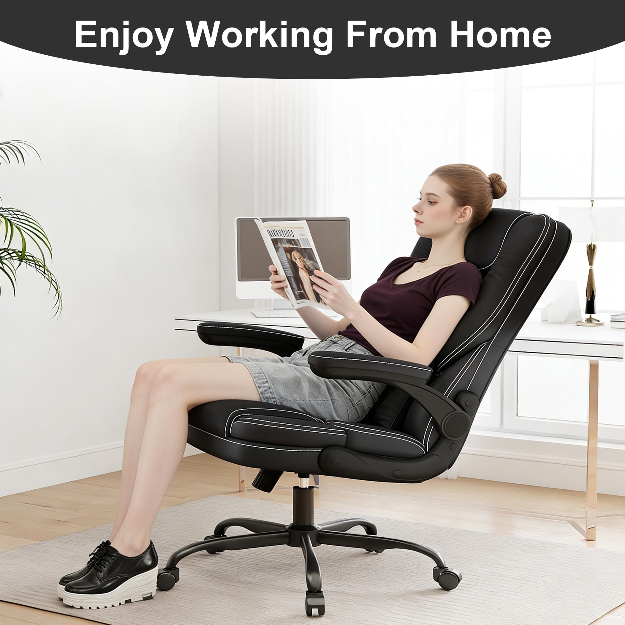 Ergonomic Office Chair with Flip-up Armrests 300lbs Middle-Tall Computer Office Desk Chair with Lumbar Support Executive Leather Chair — view 8