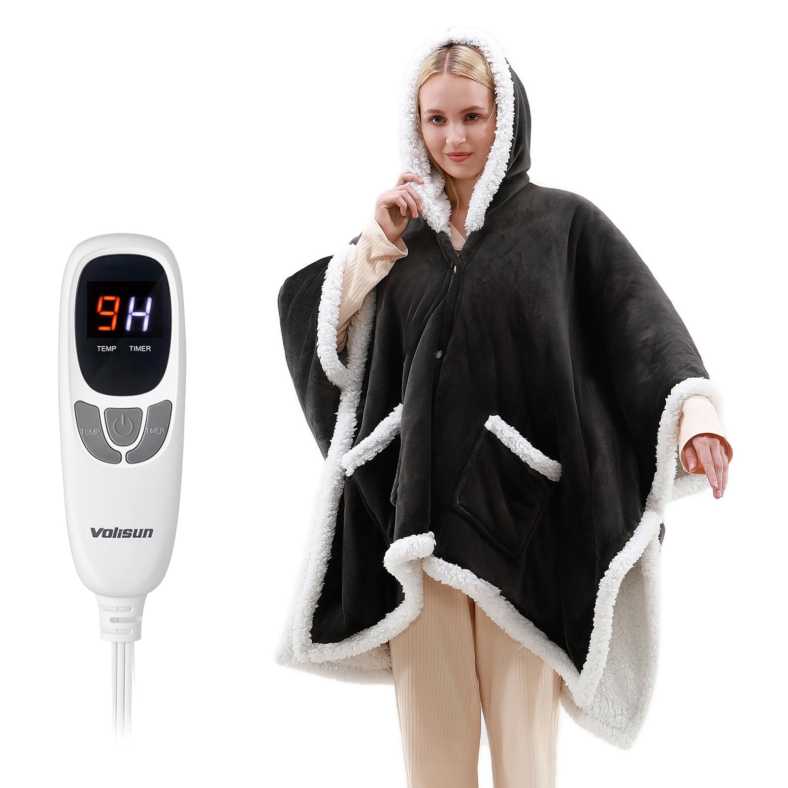 VOLISUN Wearable Heated Throw Blanket Electric Shawl,Heated Wrap Poncho Robes Hoodie for Adult,Birthday Christmas Gifts for Mom Women Grandma,9 Heating Levels & 1-10 Hours Time Settings,Grey