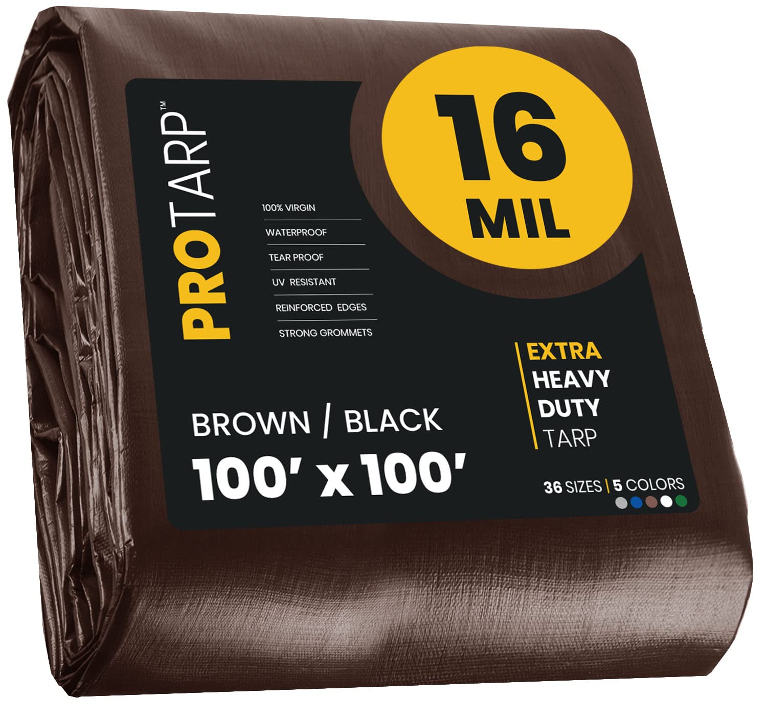 Extra Heavy Duty 16 Mil Tarp Cover, Waterproof, UV Resistant, Rip and Tear Proof, Poly Tarpaulin with Reinforced Edges for Roof, Camping, Patio, Pool, Boat. (Brown/Black 100′ X 100′)