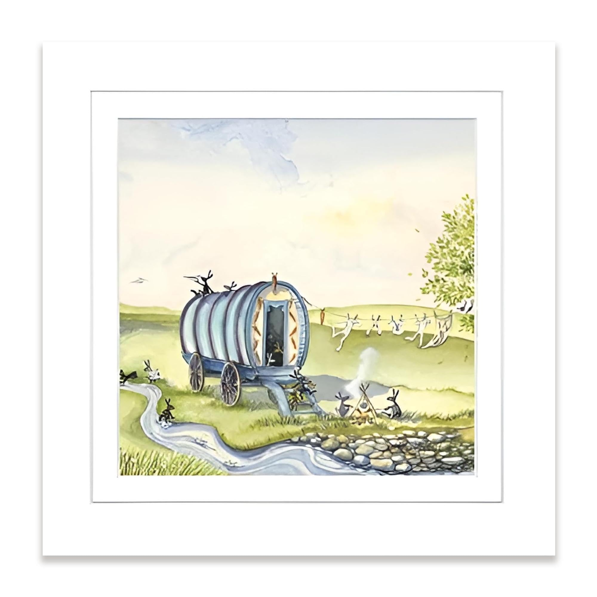 Artko Rabbits & Caravan Framed Wall Art - 'Gypsy Caravan Detail I' by Catherine J Stephenson - Charming Animal Print - Ready to Hang Home Décor - 33.5cm x 33.5 cm