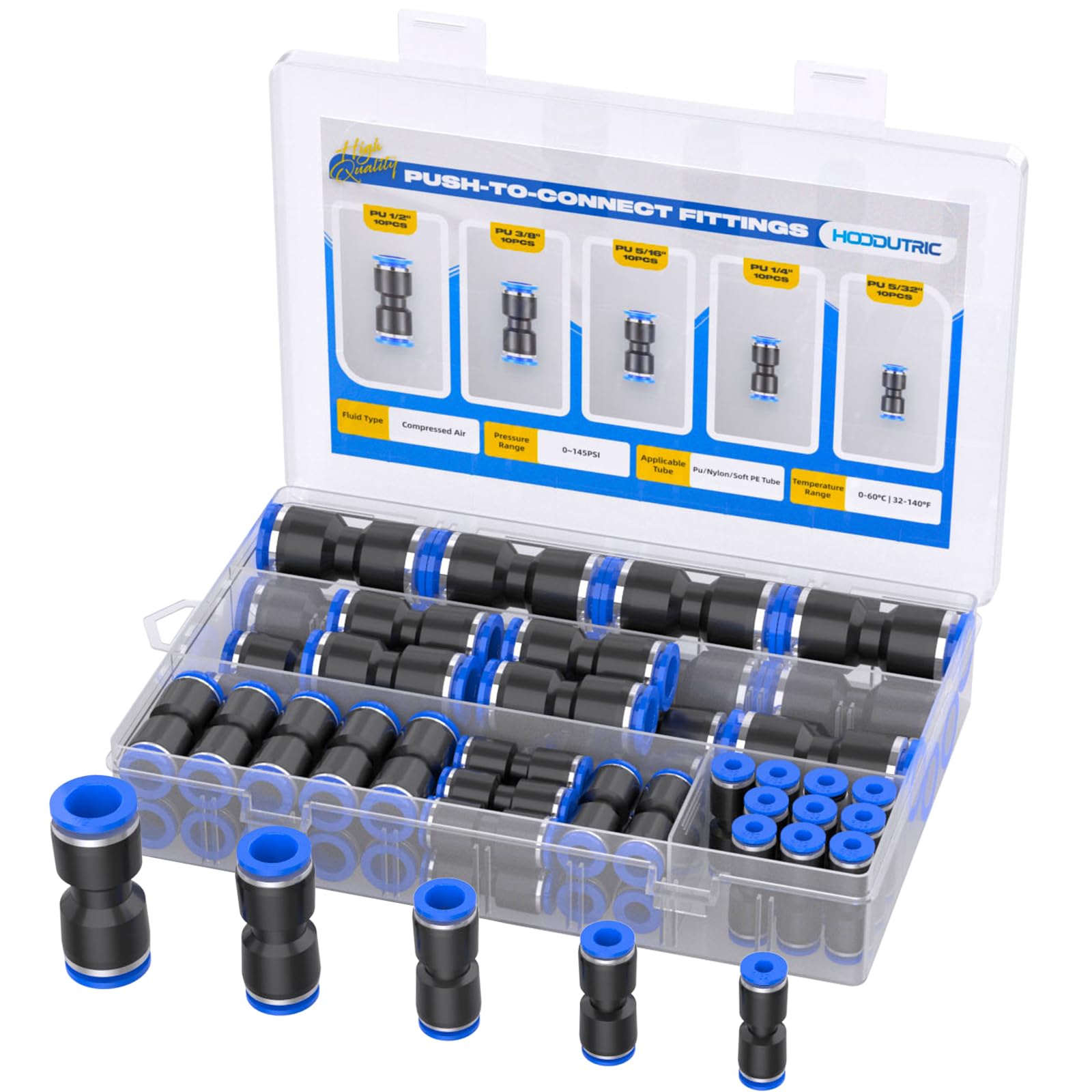 50PCS Quick Connect Air Hose Fittings 5/32 1/4 5/16 3/8 1/2 inch Straight Push to Connect Fittings Kit Quick Release Pneumatic Connectors Air Line