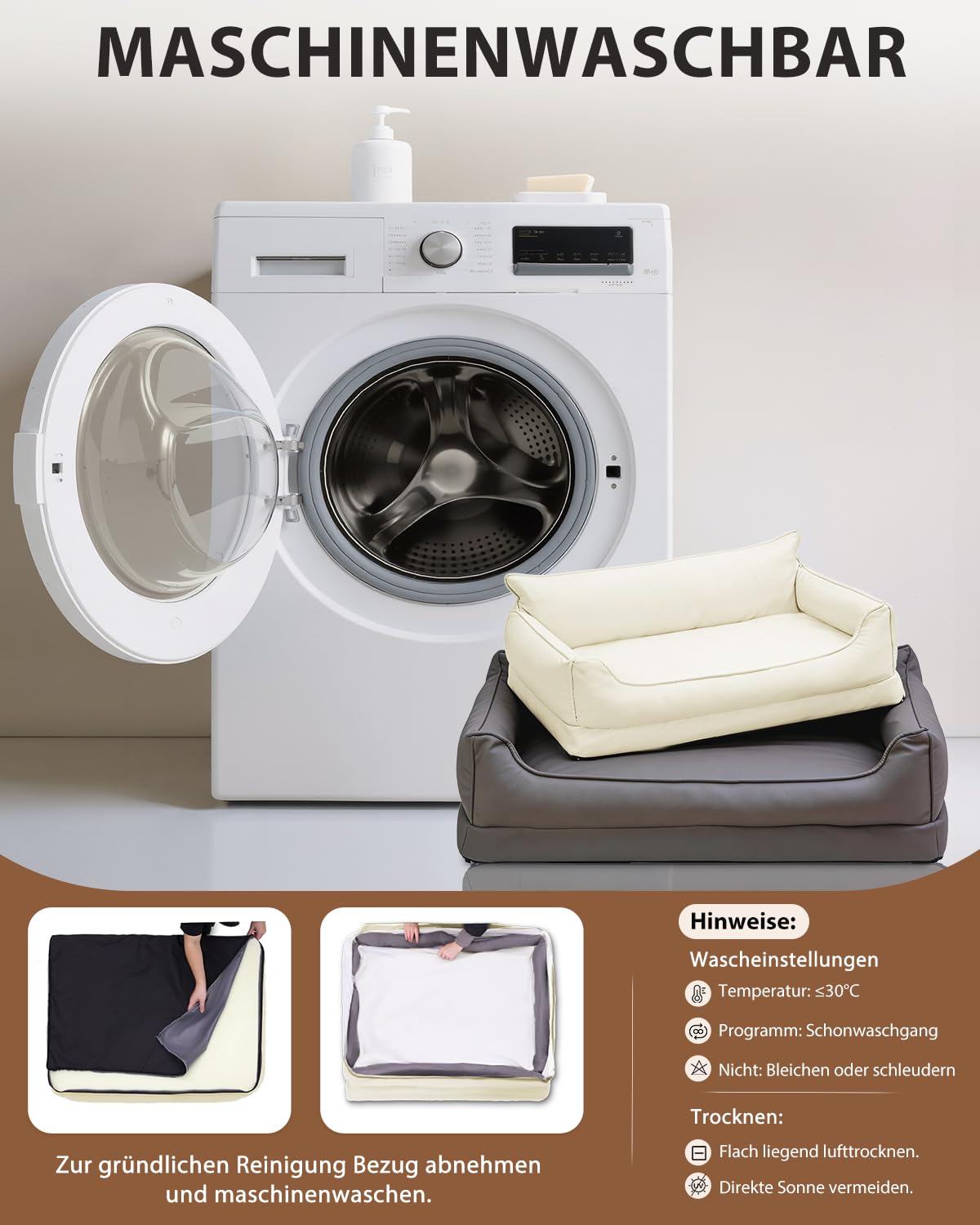 Orthopädisches Hundebett,Wasserdicht Kunstleder Hundekissen | 91x68 cm,Beige,Hundekorb für Grosse Hunde,Leicht zu Reinigen,Waschbar Hundesofa mit Rutschfester Boden, Rundum Erhöhter Rand
