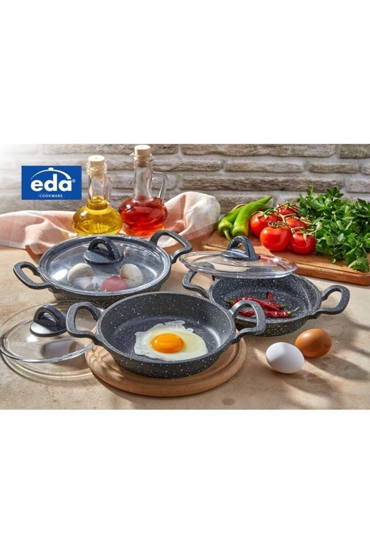 Eda ZK-905 Büyük Boy Asya 3'lü Granit Döküm Kapaklı Sahan Set