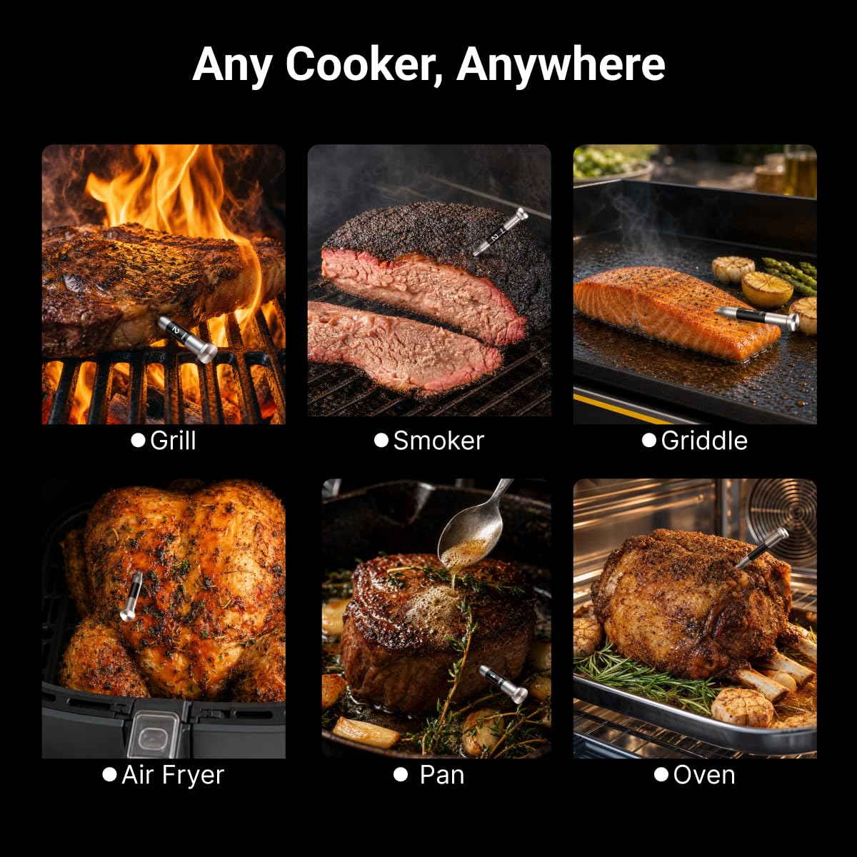 ThermoMaven 3000FT Smart Wireless Fleischthermometer, Sub-1G Langstrecke, 6 Sensoren (NIST genau), 2 dünne Sonden, Basisstation mit LCD, für Grill, BBQ, Ofen, Räucherofen (Schwarz)