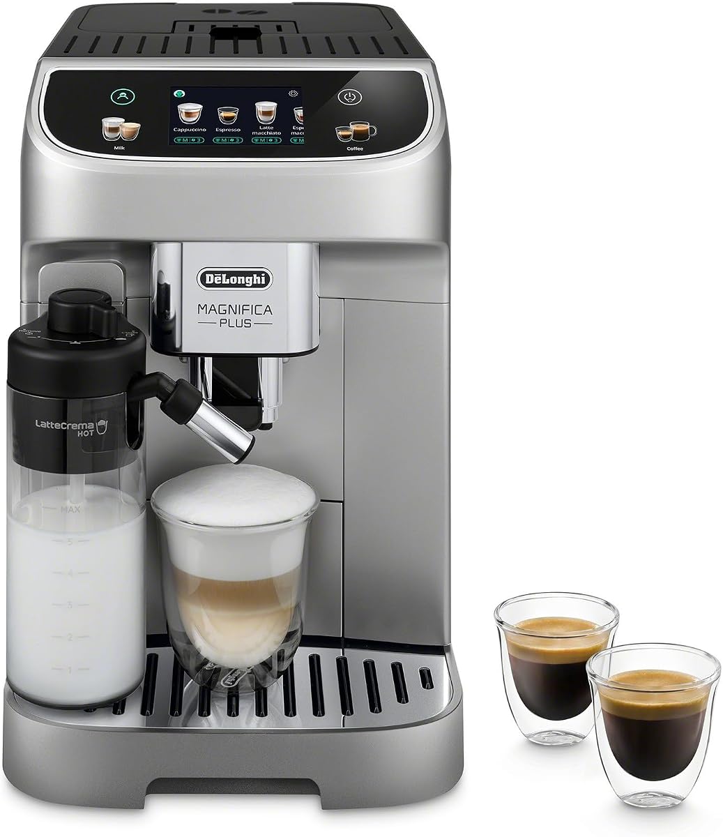 Máquina de café expreso automática Magnifica Plus, espumador de leche, plateada | Máquina de café expreso n.º 1 en el mundo, 18 recetas de un solo toque, espumador, molinillo incorporado, 4 perfiles de usuario
