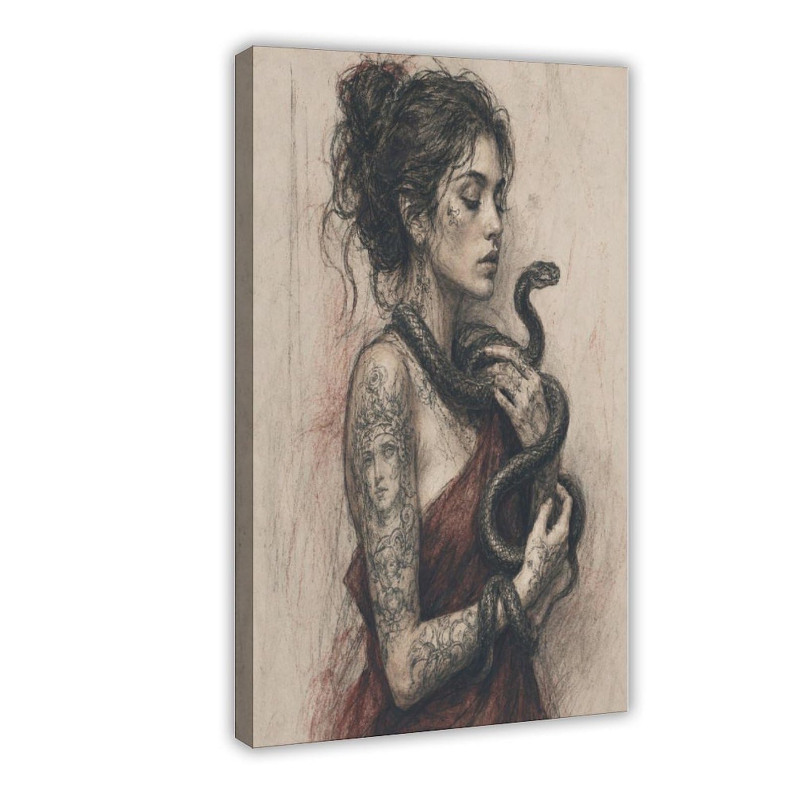 W7c8u2x3 Frame-Style-20 Snake Woman Portrait Canvas Wall Art, Charcoal Sketch Apartment