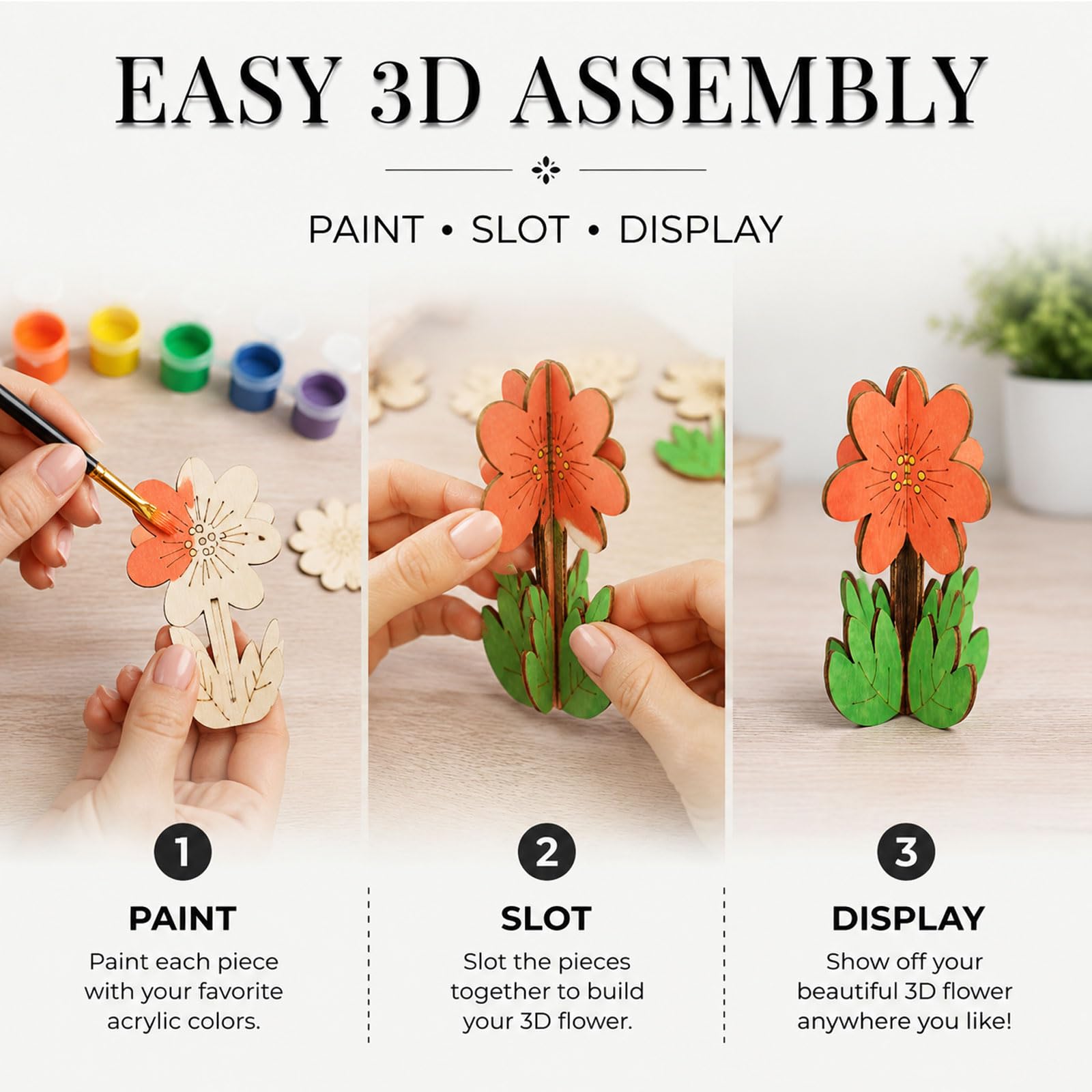 Kit DIY Fleurs 3D En Bois à Peindre - 24 Pièces Non Traitées - Activité Printanière Créative Pour Enfants Et Adultes - Déco Murale