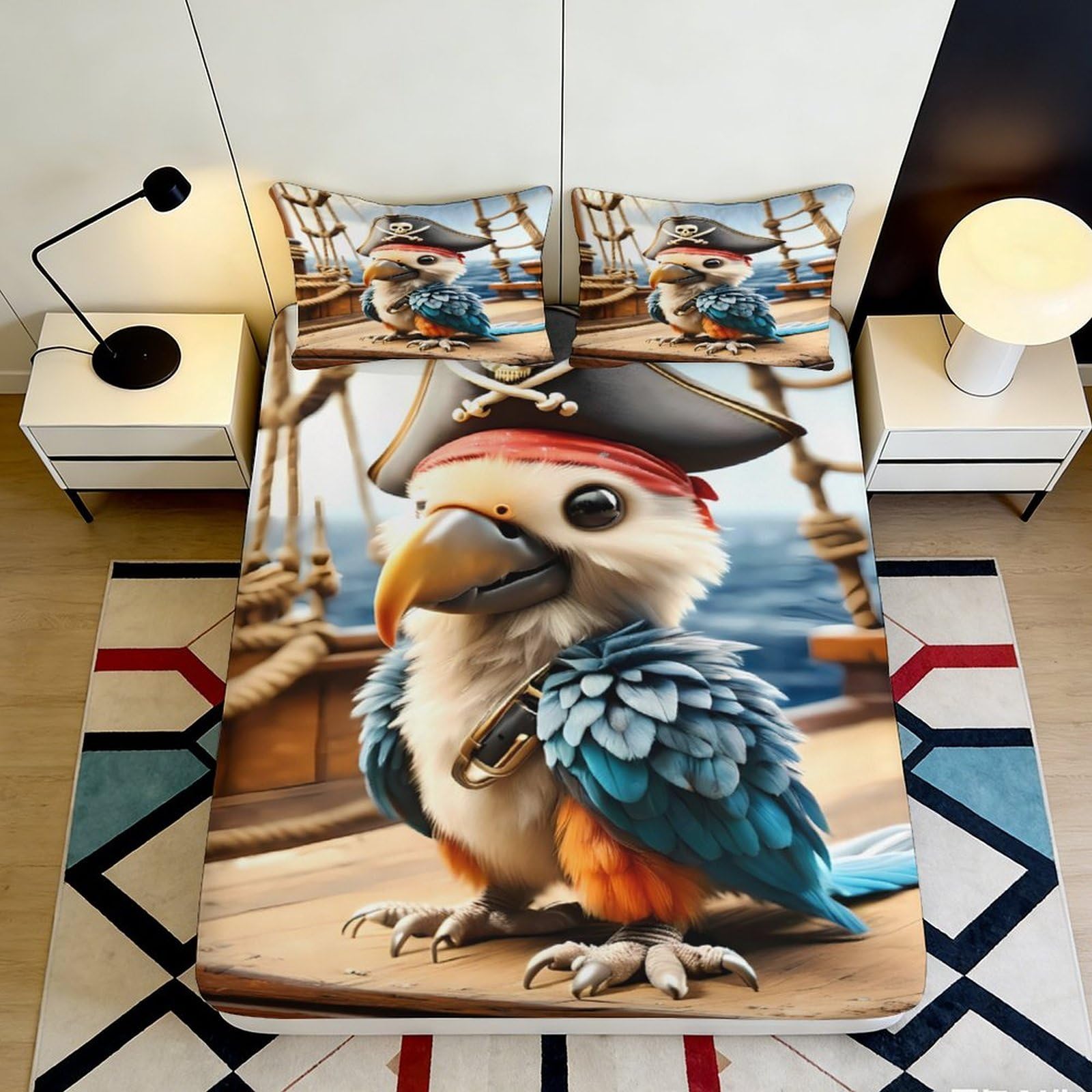 3D Printed Pirate Parrot Fitted Sheet Microfiber Soft Bedding Cartoon Ship Bed Cover for Bedroom Dorm Decor, 115 120x200x25cm