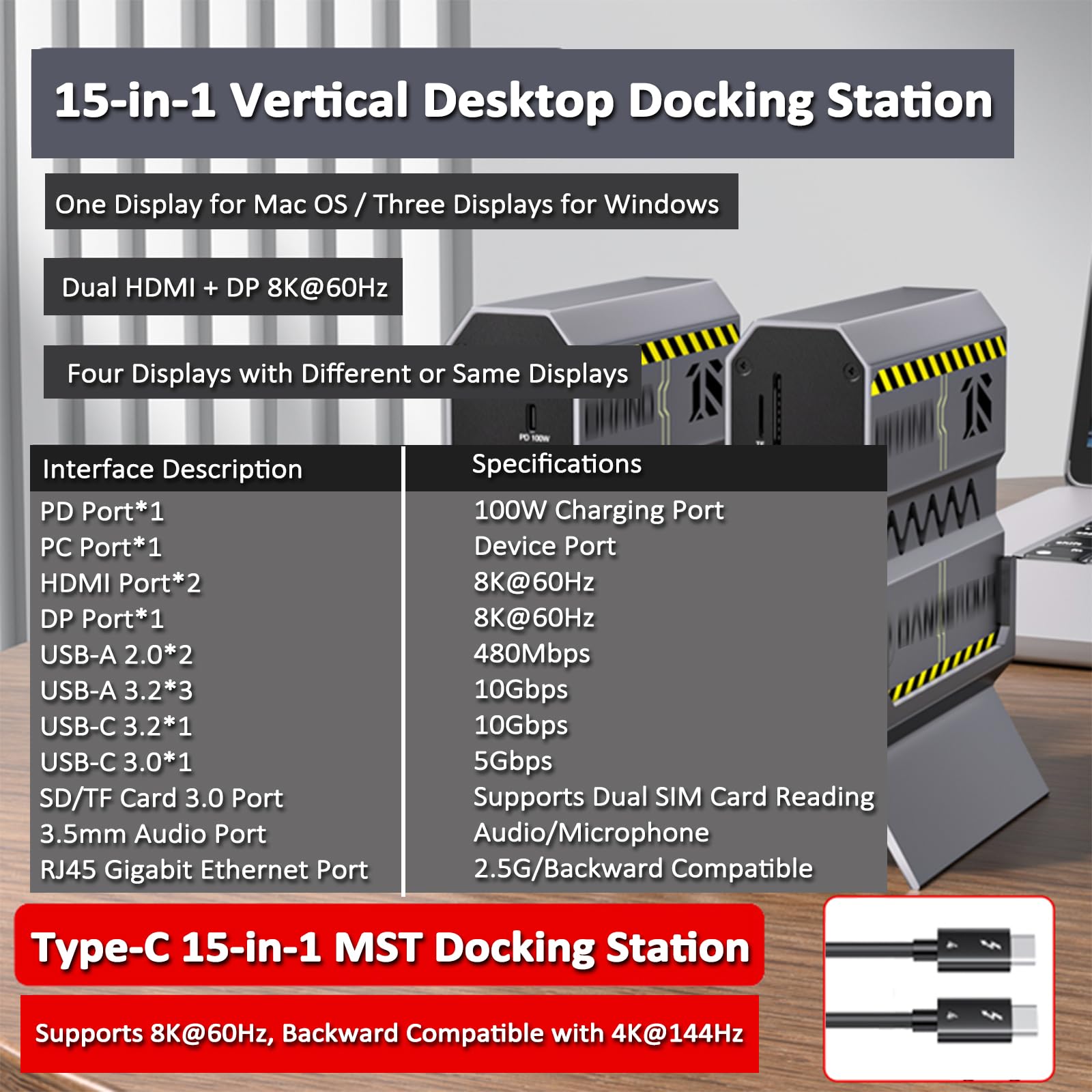 Switch USB Desktop, Docking Station USB 15 in 1, Doppio HDMI+DP, Risoluzione HD 8K a 60 Hz, modalità Multi-Display, Porta Ethernet 2.5G, Accesso Plug-And-Play, Regalo Perfetto per Il Fidanzato