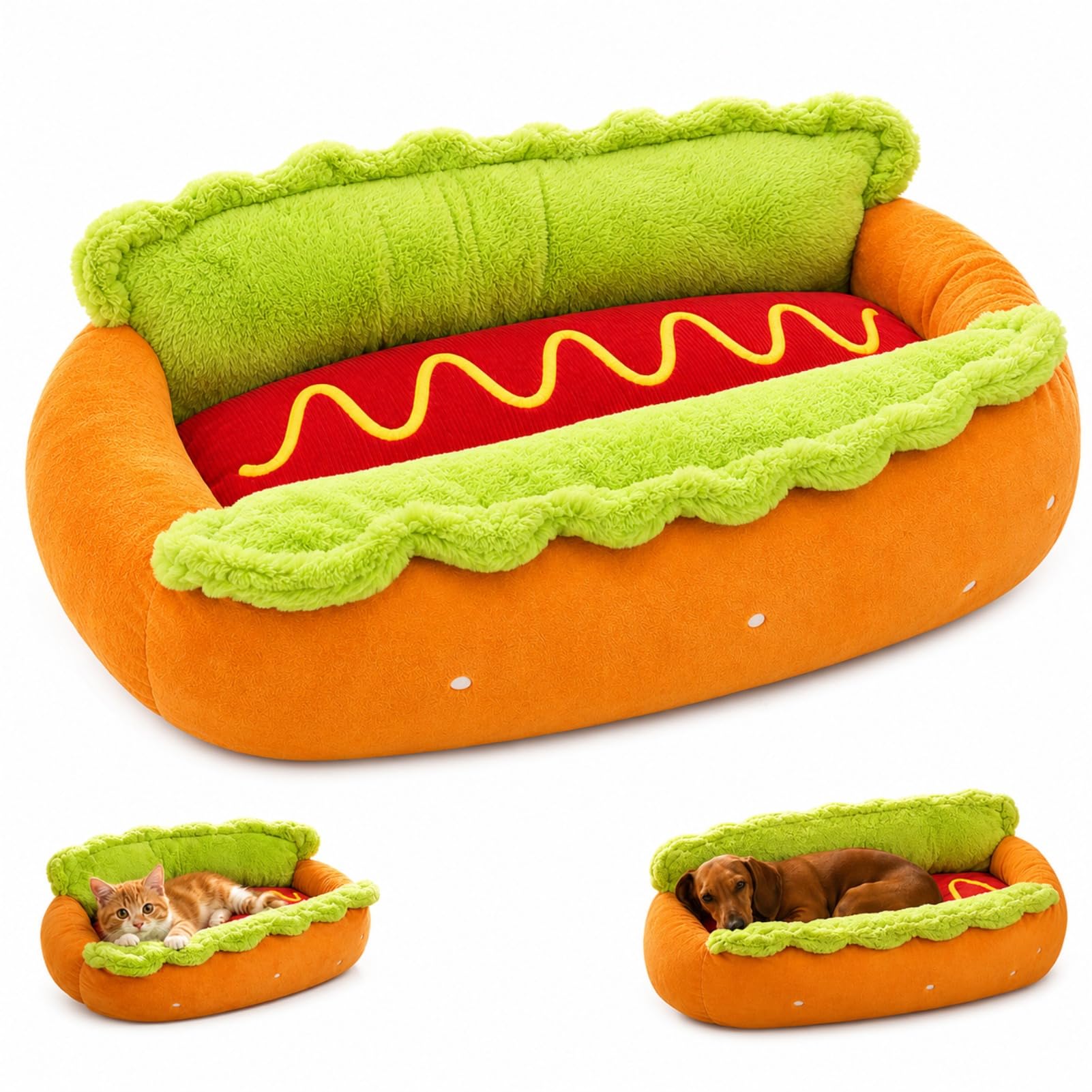 2027 Hot Dog Dog Bed for Dachshund - Hotdog Design Bun Soft Removable Washable Pet Bed for Puppies (L)