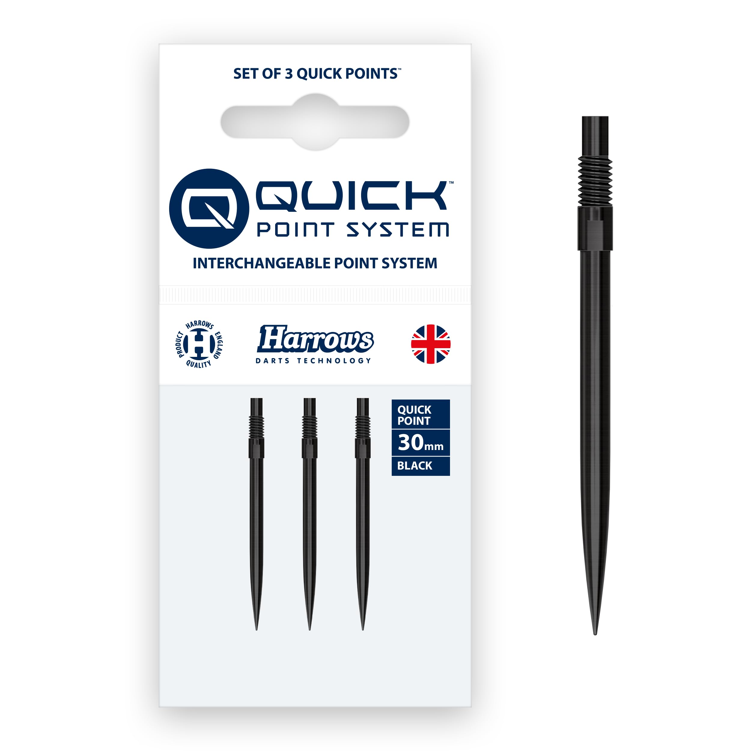 Harrows Quick Point Steel Tip Dart Points | Replacement Darts Tips in Black & Silver | 26mm, 30mm, 35mm, 40mm & 42mm | Compatible with QP System (Black, 30MM)