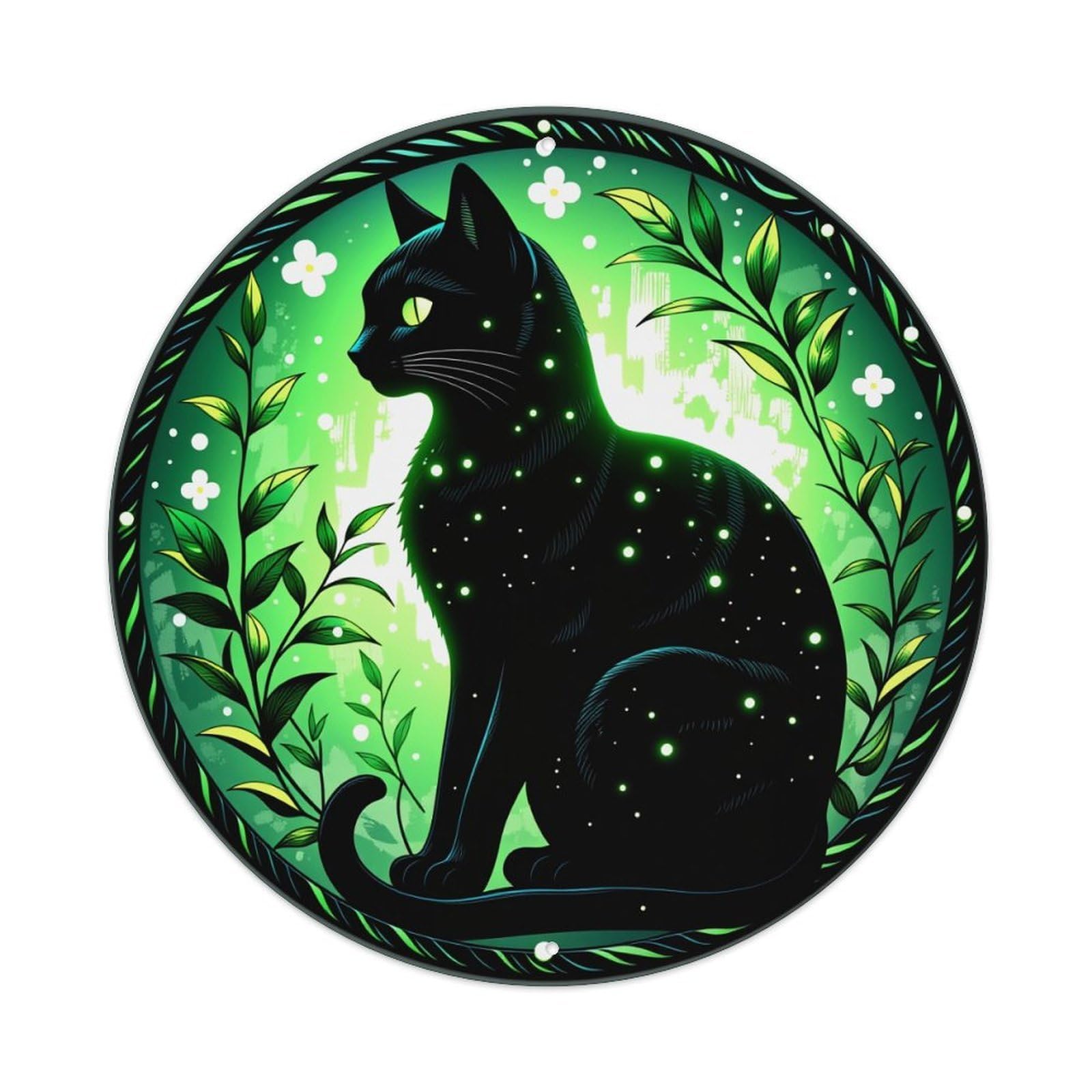Black Cat With Green Glow And Leaves Round Tin Sign Vintage Style Metal Sign Home Bar Garden Wall Plaque Decor Metal Poster 8x8 Inch