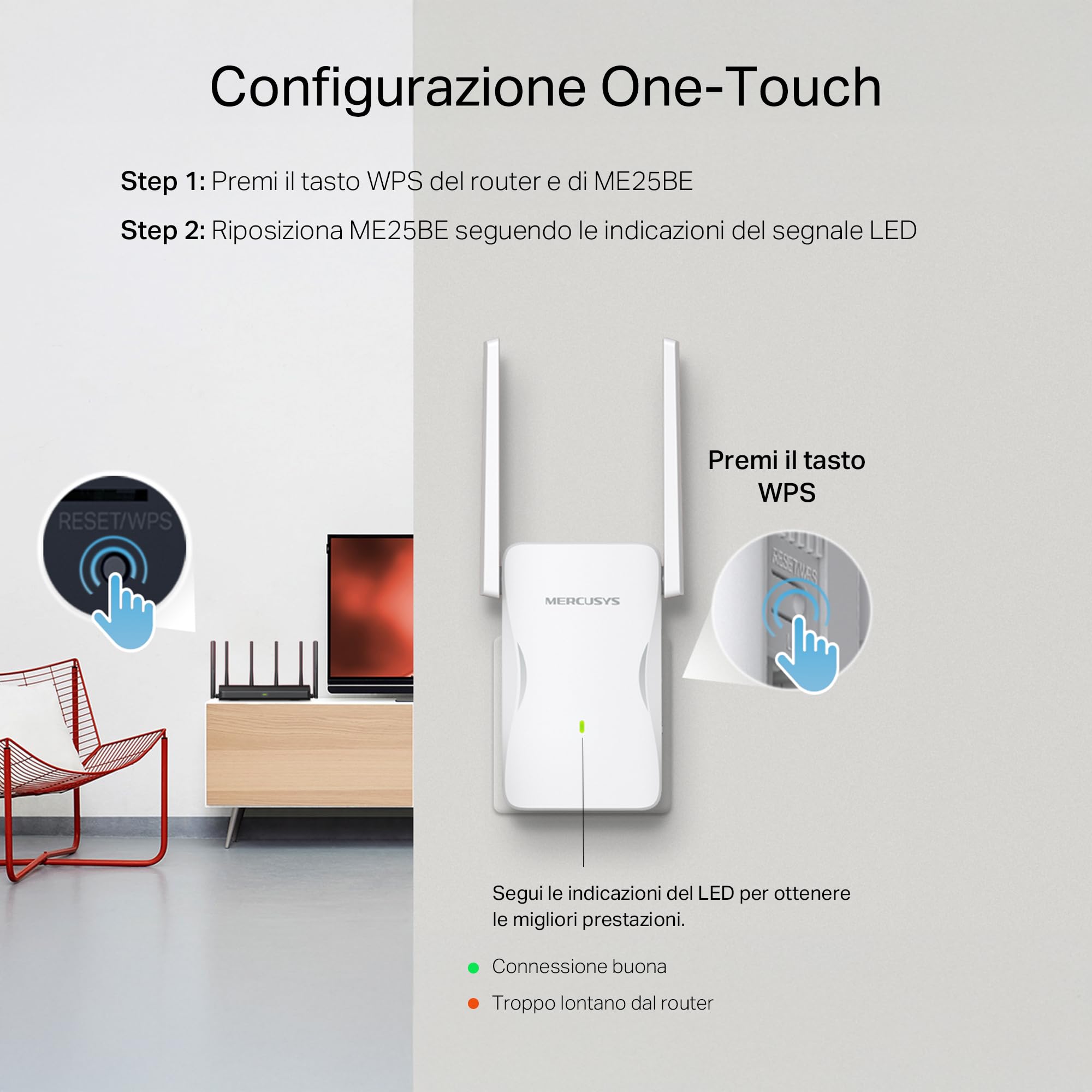 MERCUSYS ME25BE Ripetitore Wi-Fi 7 BE3600Mbps, Porta Gigabit | Dual-Band, Modalità Ripetitore e Access Point, 2 Antenne Esterne, Modalità Re/AP