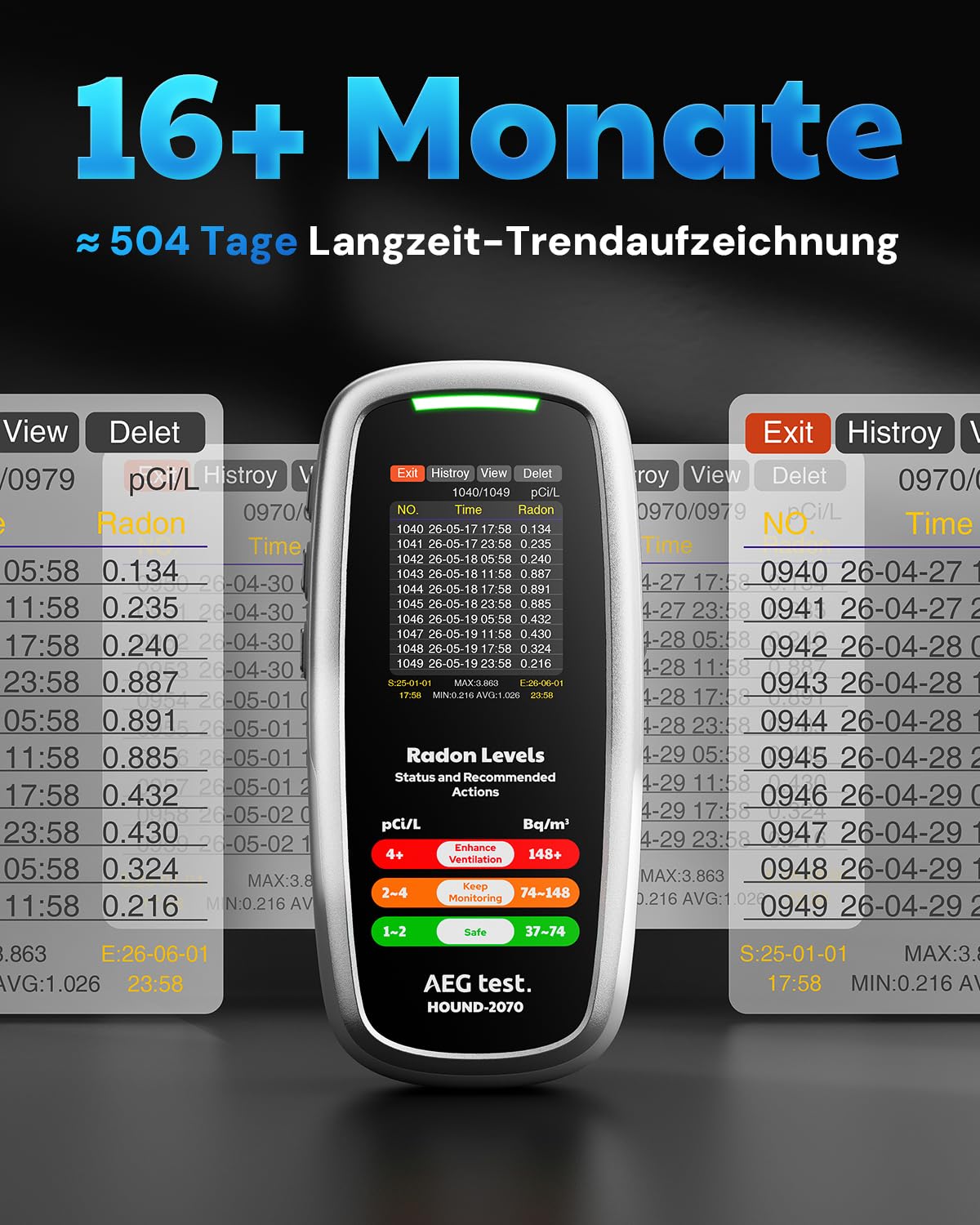 HOUND-2070 Radonmessgerät für Zuhause, mit Temperatur- & Luftfeuchtigkeitsanzeige, 504 Tage Datenspeicherung, wiederaufladbar, 3-in-1 tragbarer Radontester für Keller, pCi/L oder Bq/m³