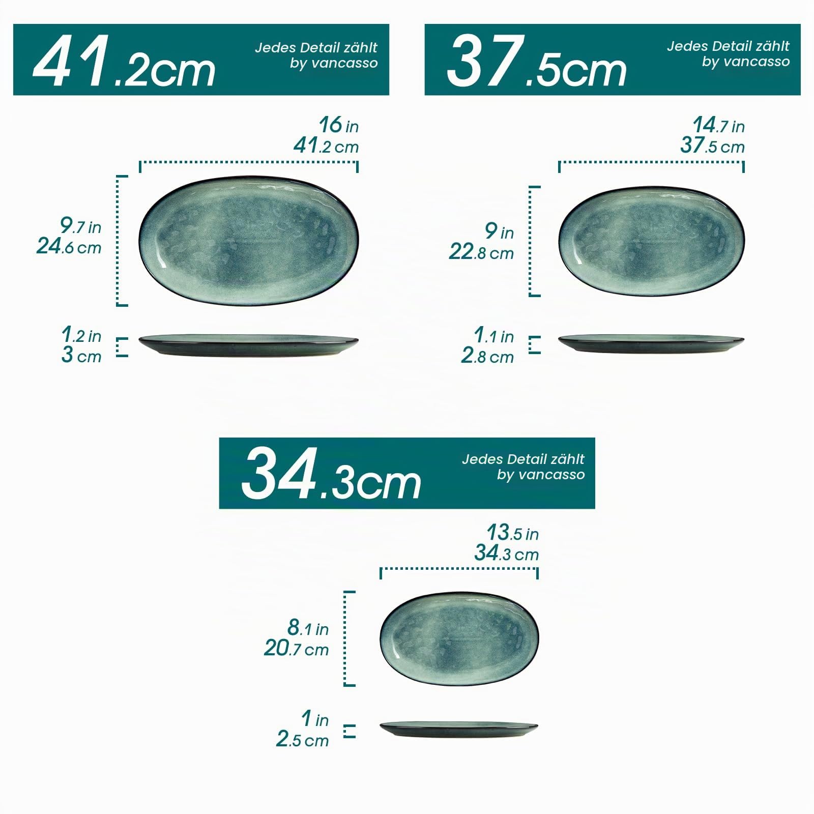 vancasso Servierplatte, Servierplatten 3er set, Ovalen Servierteller, Steingut Dessertteller, Frühstücksteller, Kuchenteller, 3 Größen Essteller, Grün