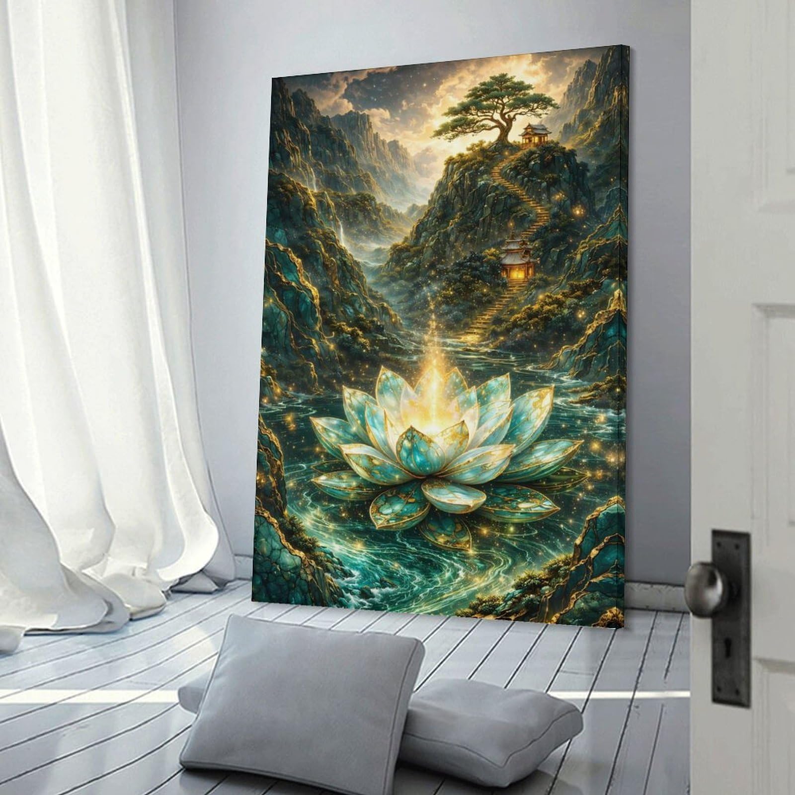 Junmoney Hanging Wall Art Enchanted Lotus in A Mountainous Landscape, 24x36inch(60x90cm), for Living Room, Bedroom Or Apartment Walls, Decorative Artwork for Empty Walls