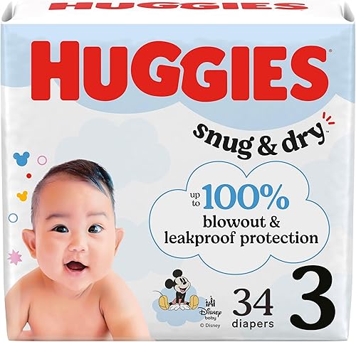 Huggies Pañales de tamaño 3, pañales para bebé Snug & Dry, talla 3 (16-28 libras), 34 unidades, el embalaje puede variar
