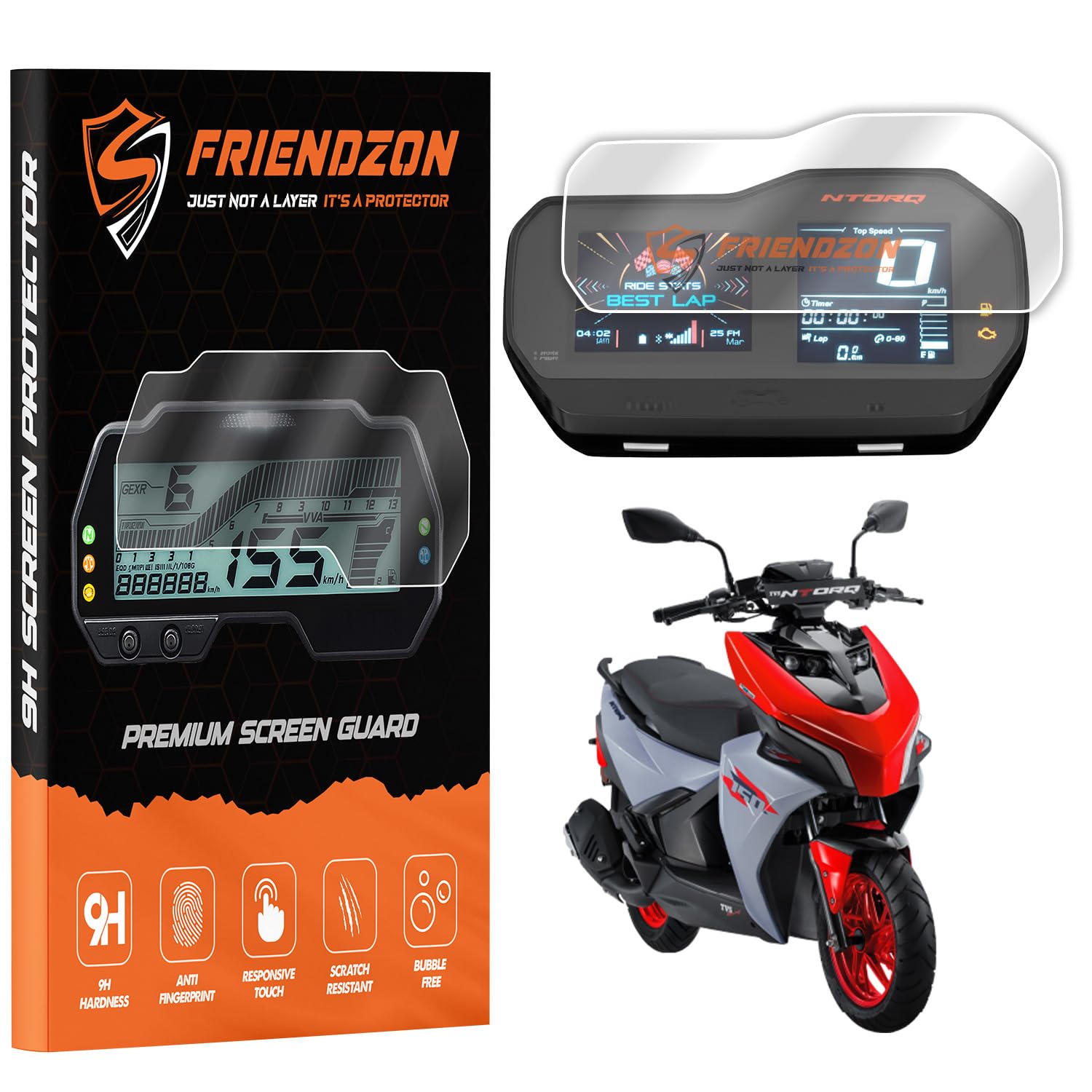 FriendZon Screen Guard For TVS NTORQ 150 2025 BASE MODEL | Scratch Resistant | Water Repellant | HD Clear | 9H Hardness | 5 Inch Instrument Console Protector | TVS Accessoriess[Not Tempered Glass] (Pack of 1)