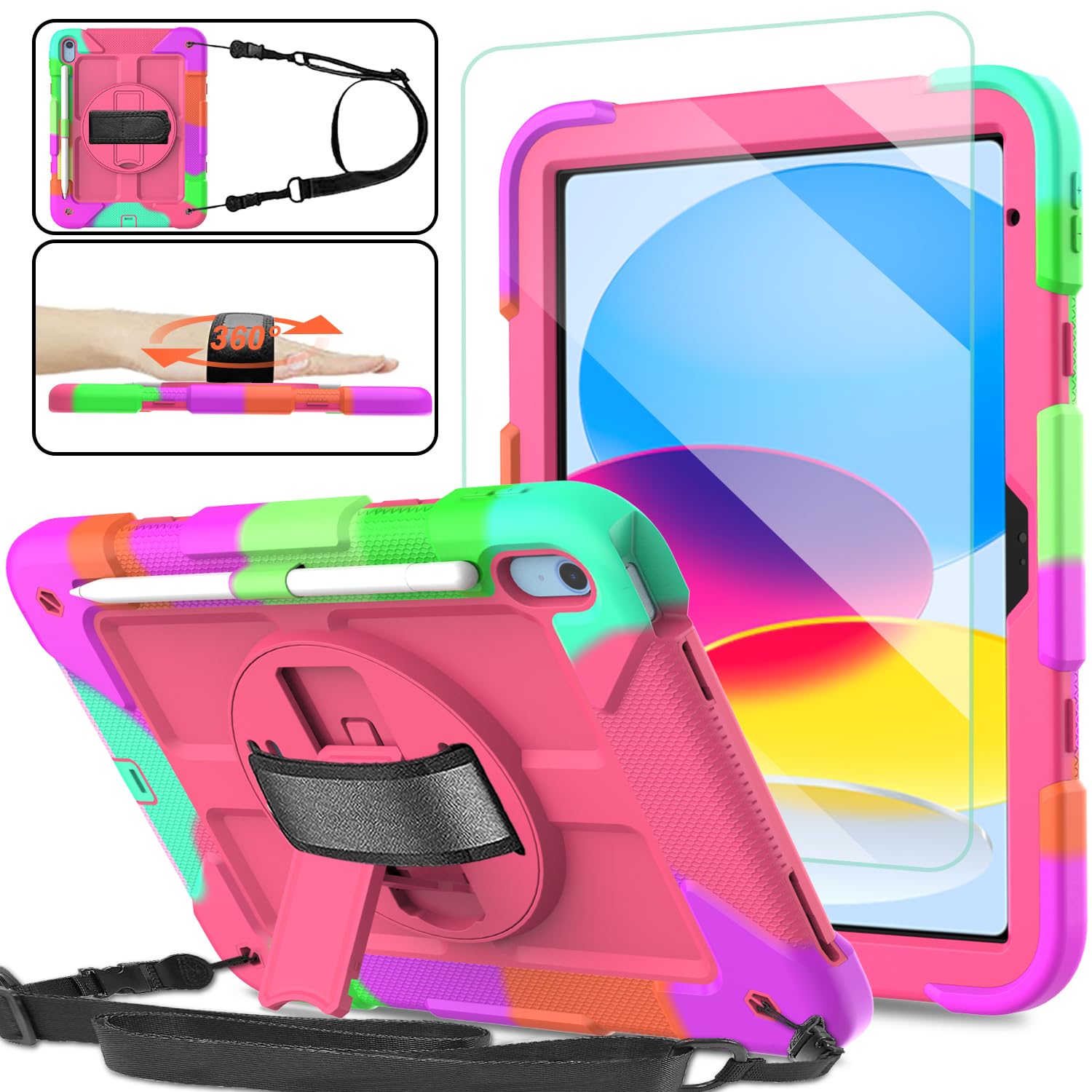 SINSOiPad 10th Generation Case 10.9 Inch 2022 with Screen Protector, Durable Shockproof Protective Cover with [Pencil Holder][360 Rotating Stand][Shoulder Strap] for iPad 10th Gen 2022 - Rose