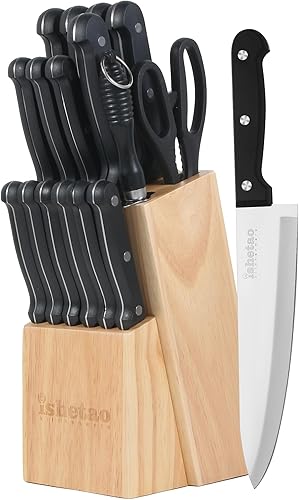 Juego de cuchillos de cocina de triple remache de 17 piezas con cuchillas de acero inoxidable de alto carbono, mango ABS negro y bloque de madera,