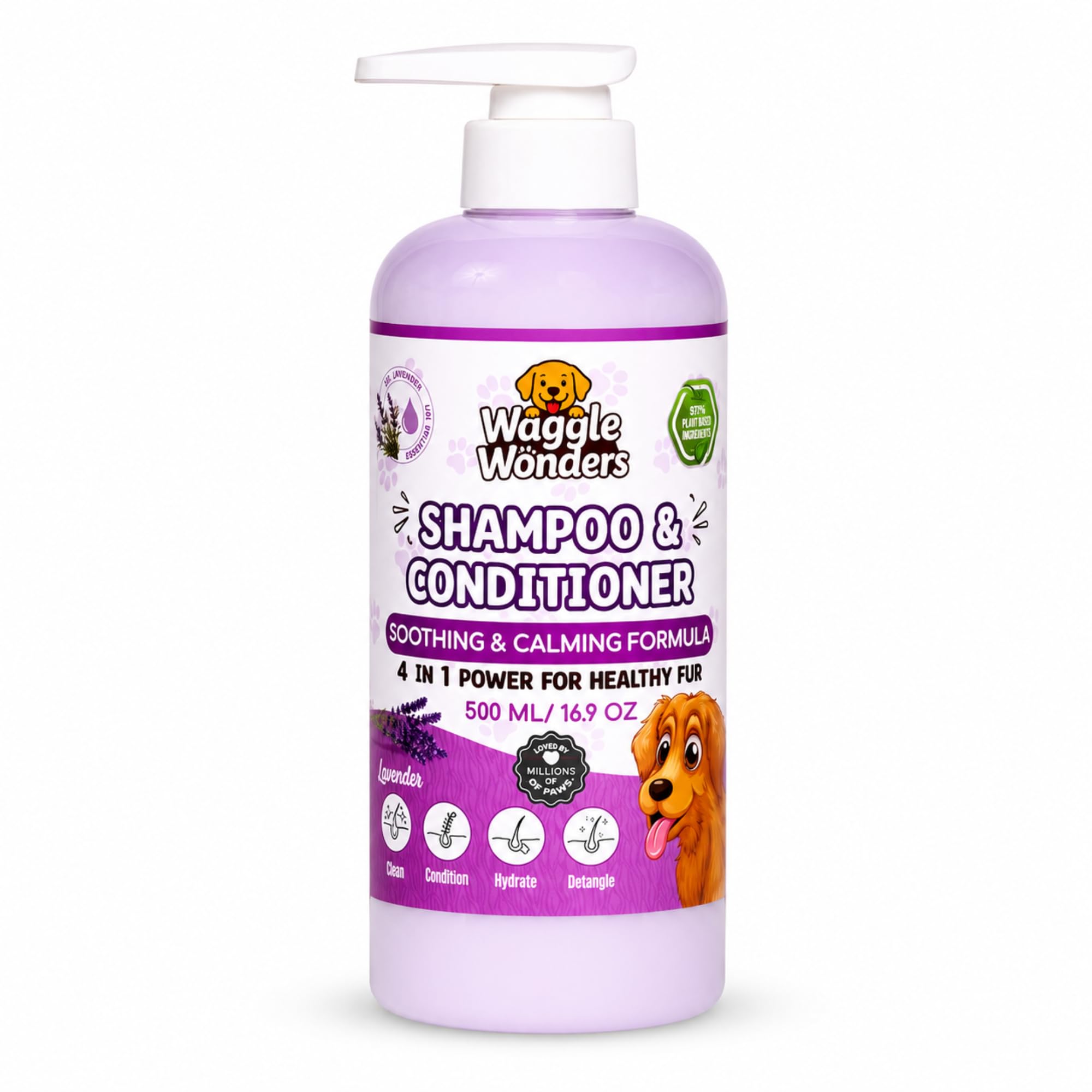 Waggle Wonders - Dog Shampoo and Conditioner – 4 in 1 Puppy Shampoo for Dogs, Calming Lavender Dog Shampoo for Itchy Sensitive Skin, Deodorising, Detangling & Moisturising Pet Shampoo 500ml