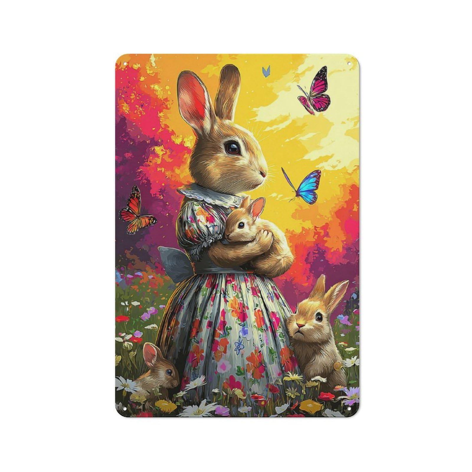 Junmoney Bunny Family In A Garden -2 Rustic Metal Plaque 30X20cm For Hobby Room Or Studio, For Creative Interior Collectors