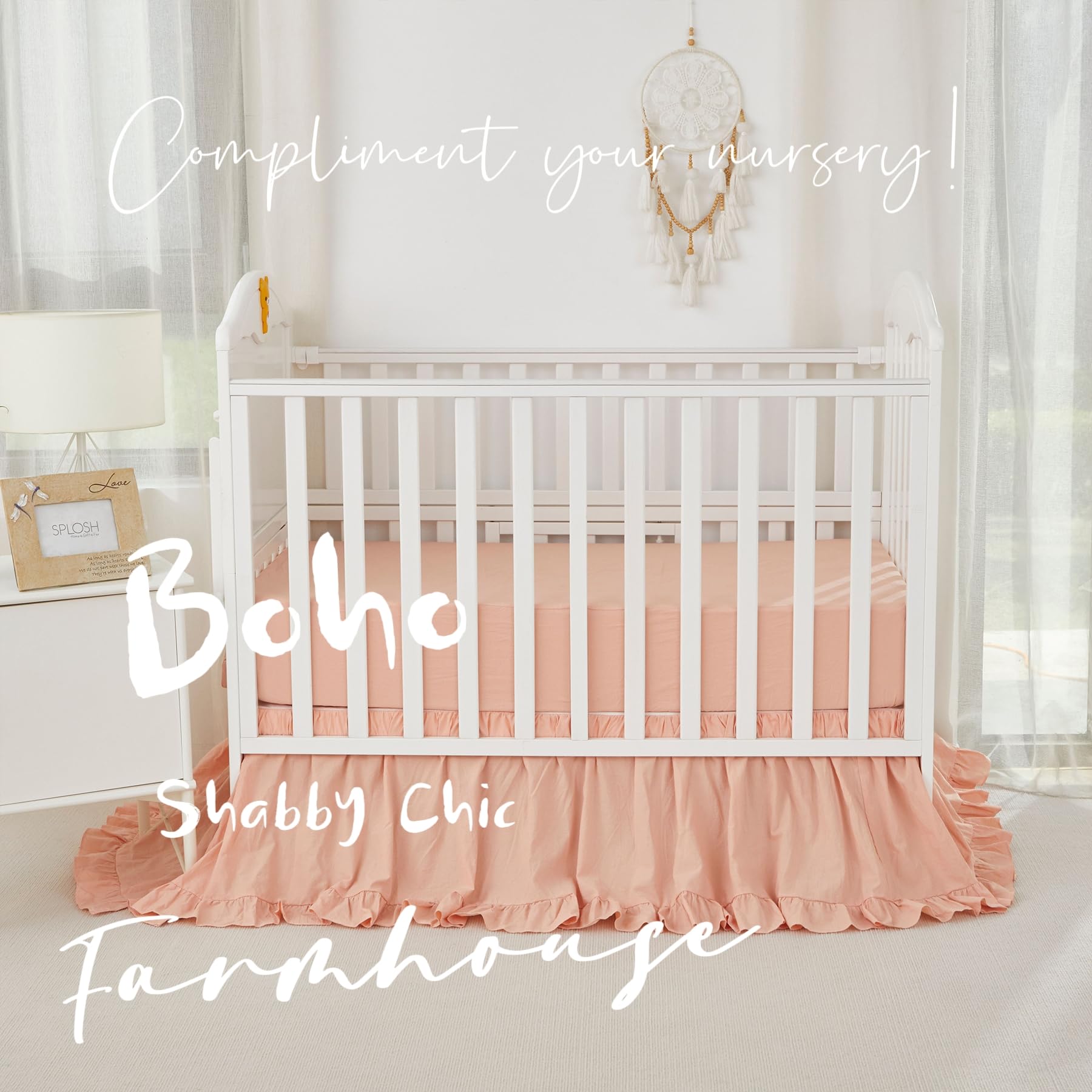 Brandream Juego de ropa de cama para cuna de bebé para niñas y niños, género neutro, bohemio, granja, elegante, con volantes, juego de ropa de cama de 6 piezas, 100% algodón lavado, rosa rubor