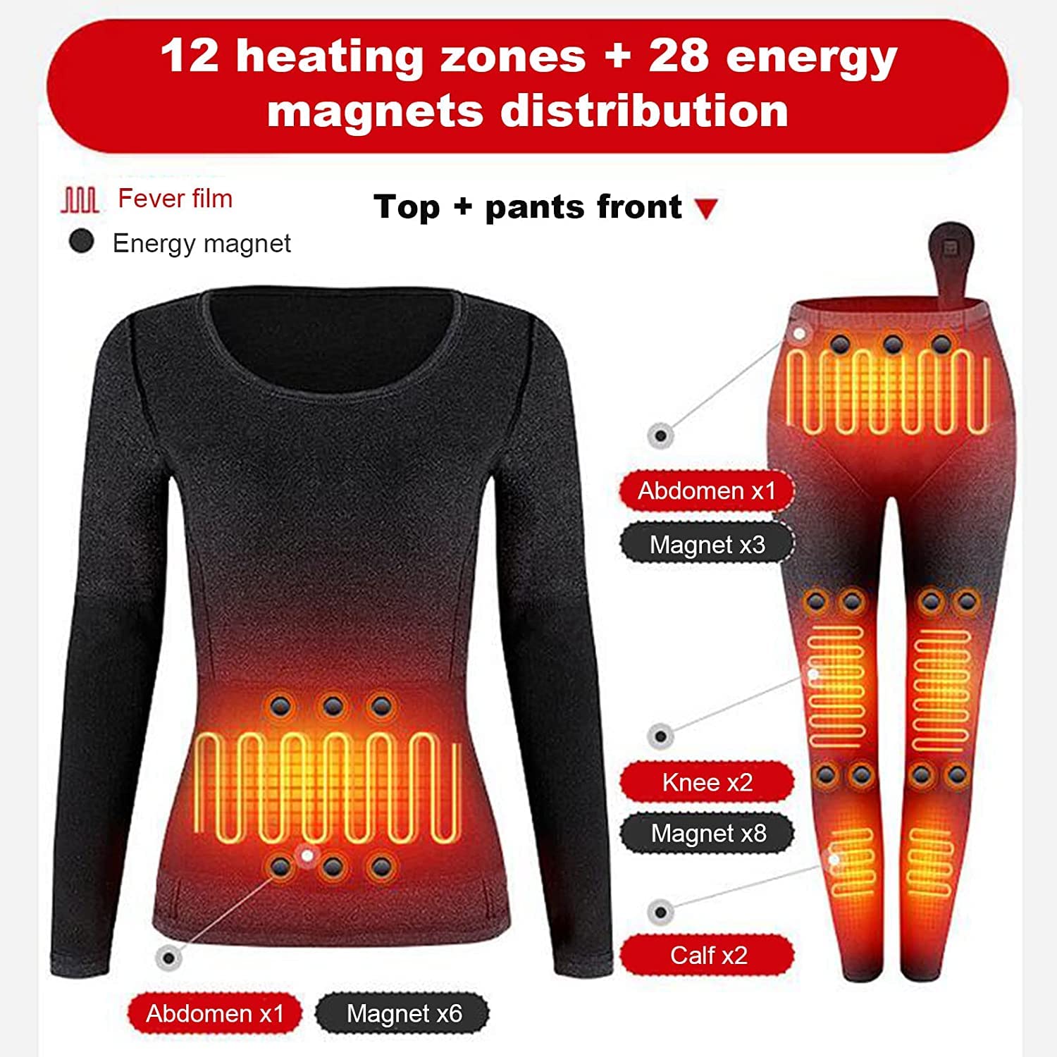 Męska damska bielizna termiczna z 3 poziomami ogrzewania, warstwa podstawowa Narciarstwo Zimowe ciepłe górne i dolne pranie (Color : Women Black, Size : XXL-XXLarge)