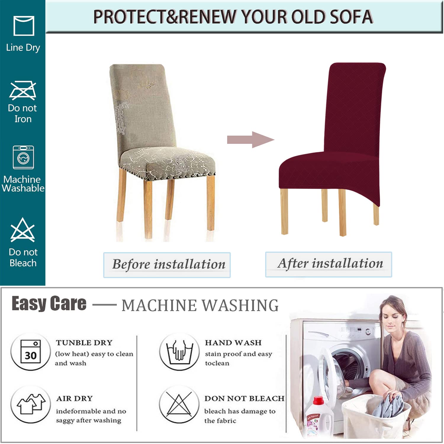 SHENGYIJING 1/2/4/6 PCS Diamond Lattice Stretch Waterproof XL Chair Covers for Dining Room, Spandex Large Dining Chair Slipcovers High Back - Image 3