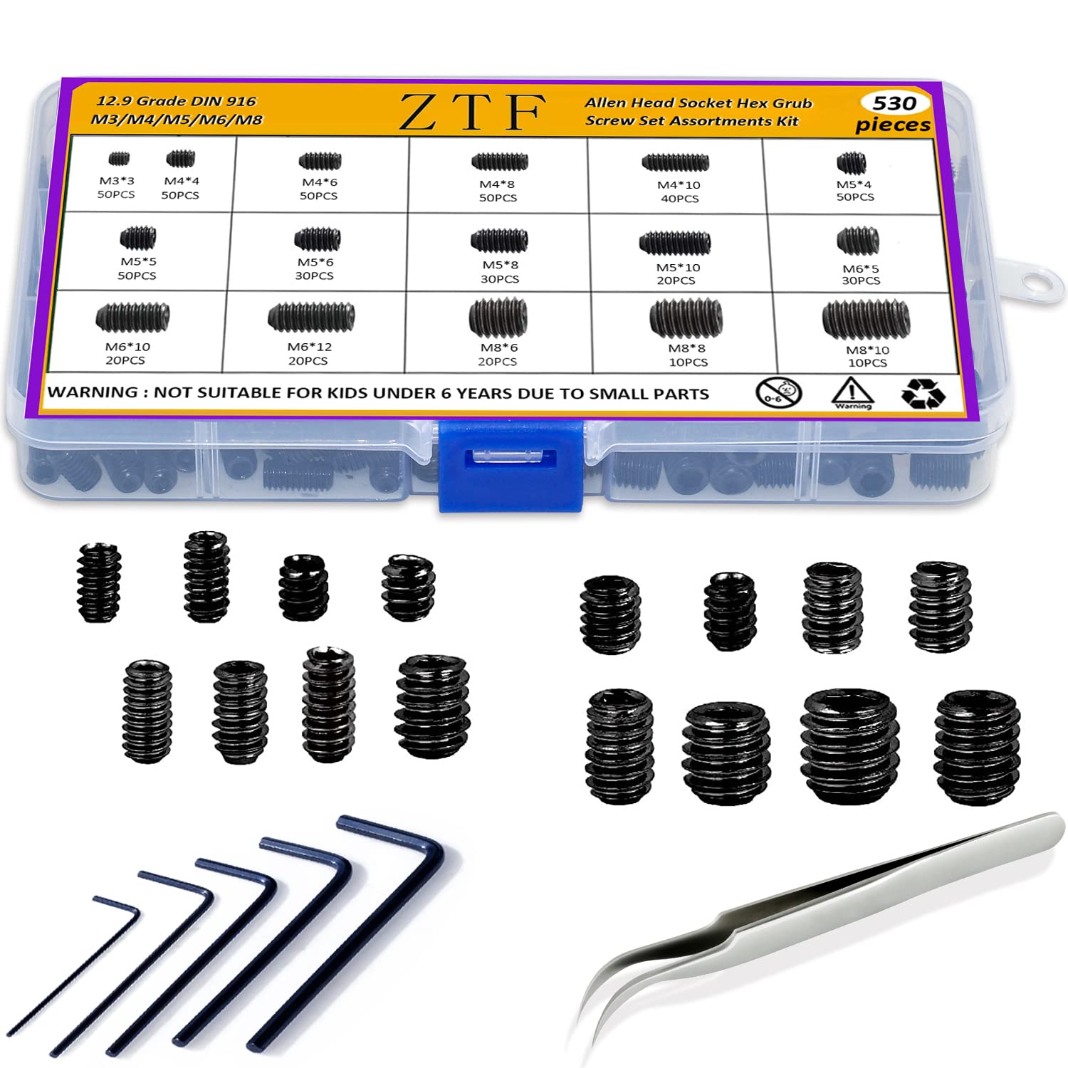ZTF 530Pcs Metric Set Screw Assortment Kit, M3/4/5/6/8 Grub Screws Internal Hex Drive Set Screws for Bathroom Fixtures, Door Handles knobs, Towel Rack