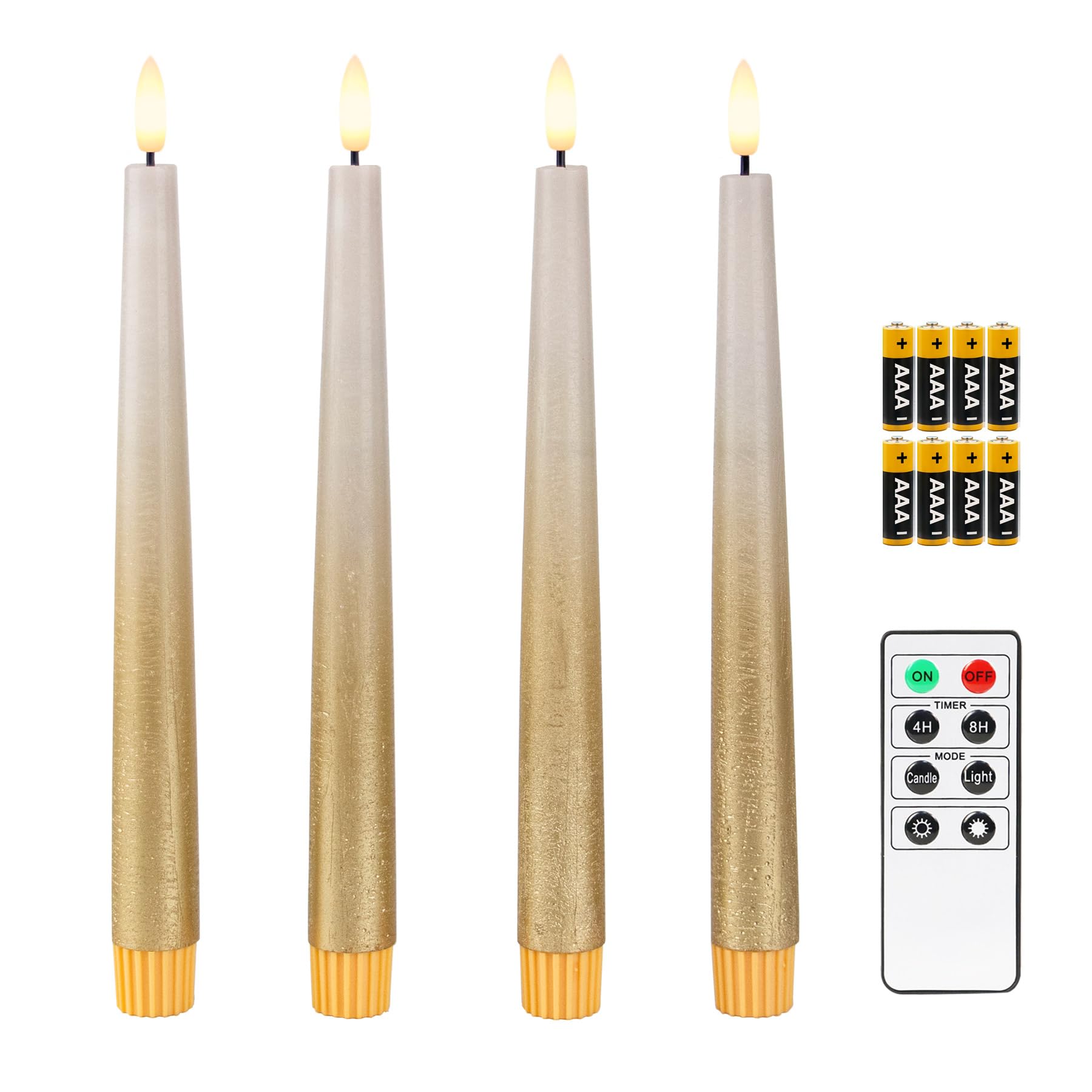 Fanna Gold 4 Flameless Led Taper Candles With Timer In Real Wax, Battery Operated Rustic Metallic Dinner Candlesticks With Remote, 8 Batteries Included - H24.5cm - Sand Grey