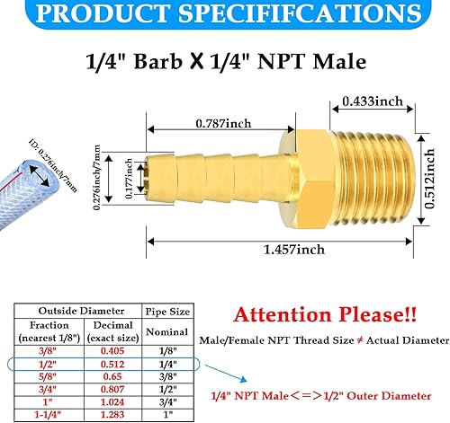 Miniatura 2 de SDTC Tech Paquete de 2 accesorios de púas de manguera de latón de 14 pulgadas de púa x 14 pulgadas NPT macho adaptador de accesorios de tubería