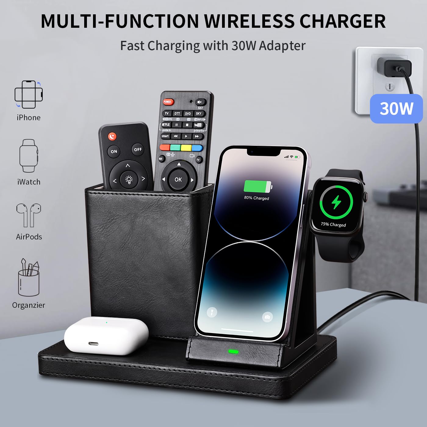 KINGFOM Wireless Charging Station, PU Leather 4 in 1 Use Wireless Charger Stand for iPhone 15 14 13 12 11Pro Max XR XS 8 Plus, for Apple Watch & AirPods with Desk Organizer Black (Black)