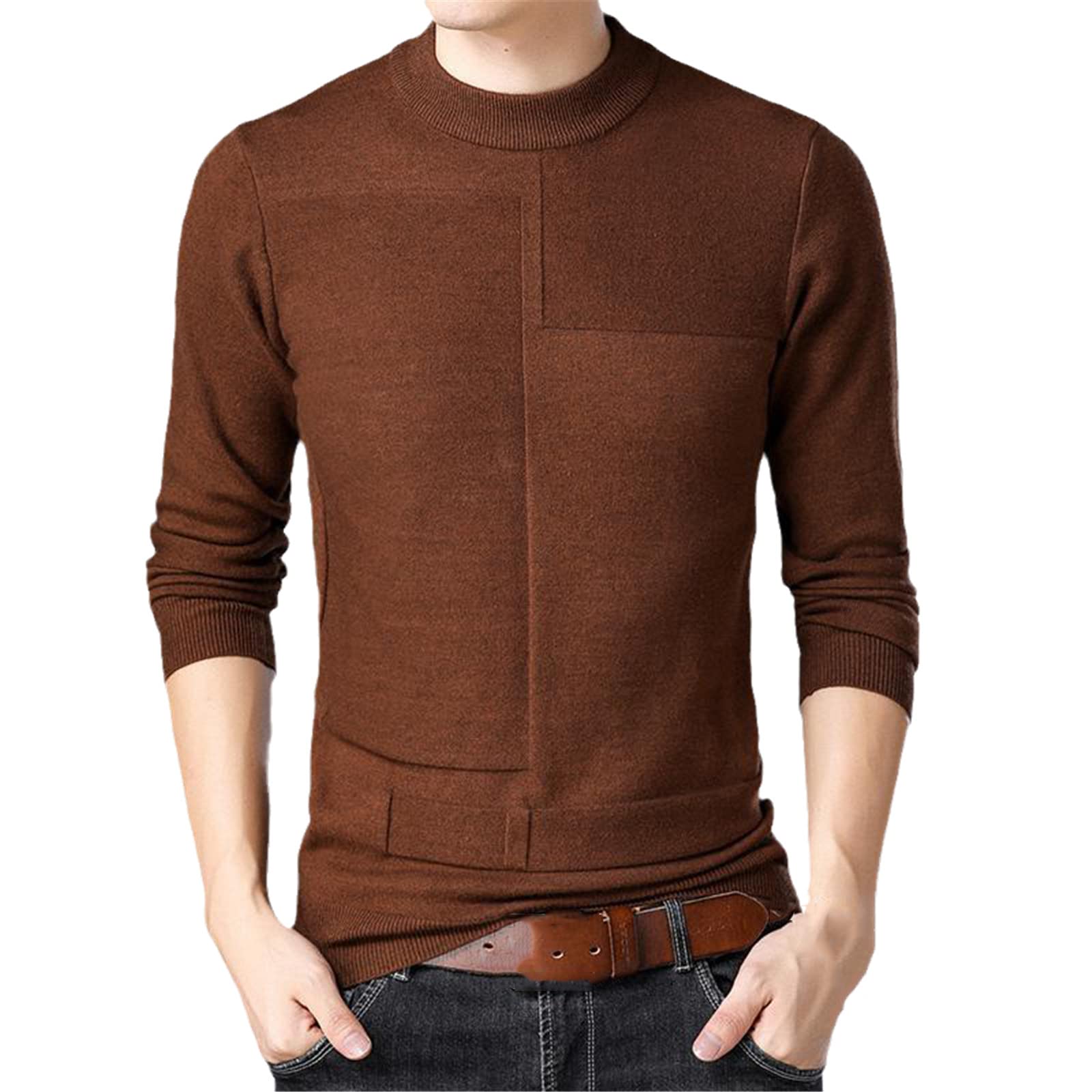 Vogrtcc Suéter de punto jersey de cuello redondo suéter de color sólido simple de los hombres casuales suéter, marrón oscuro, XL