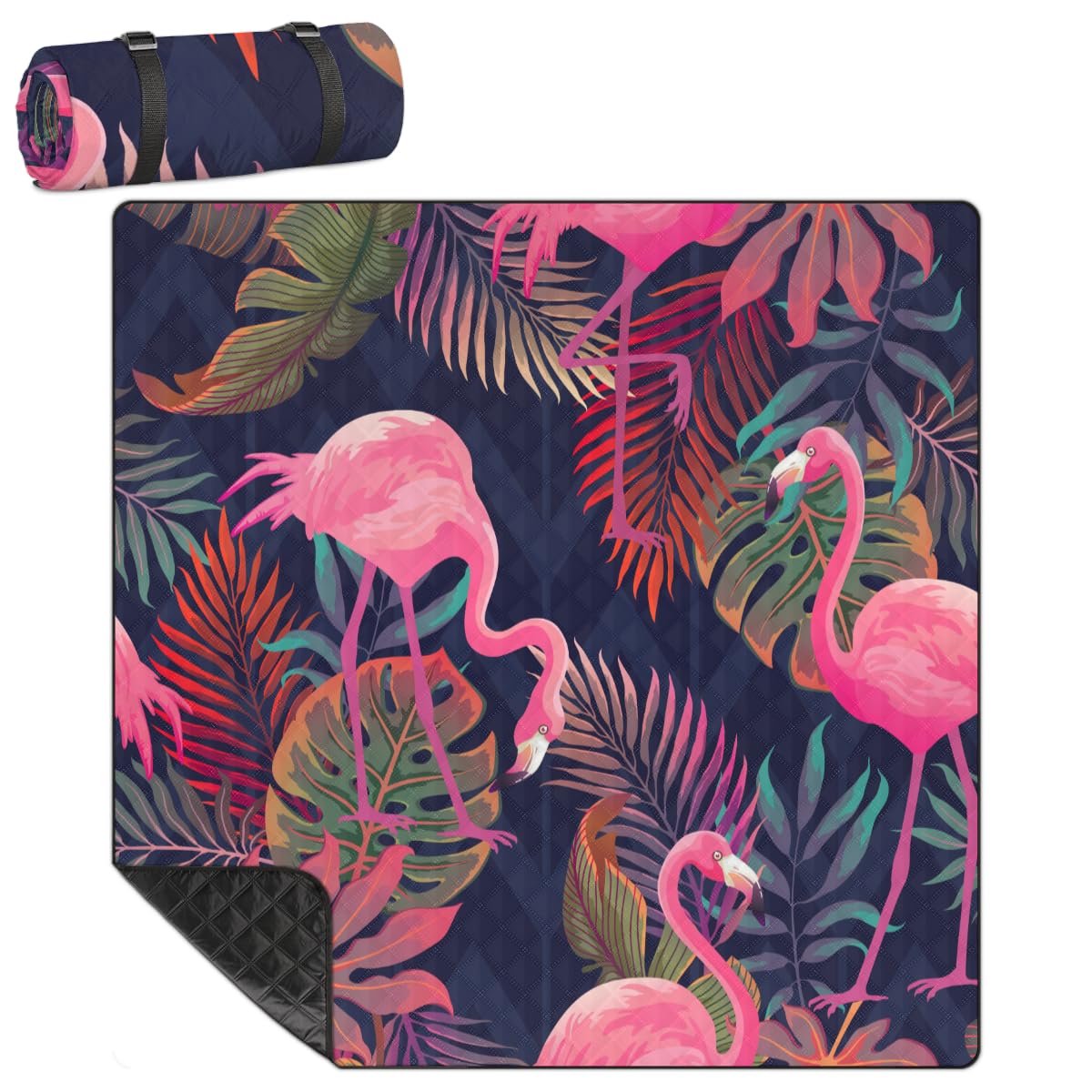 Shimoshe Extra Large Picnic Blankets 79”x 79”, Colorful Palm Leaf Flamingo Waterproof Foldable Picnic Mat with Straps Portable Beach Blanket for Camping Park Grass Beach Indoor